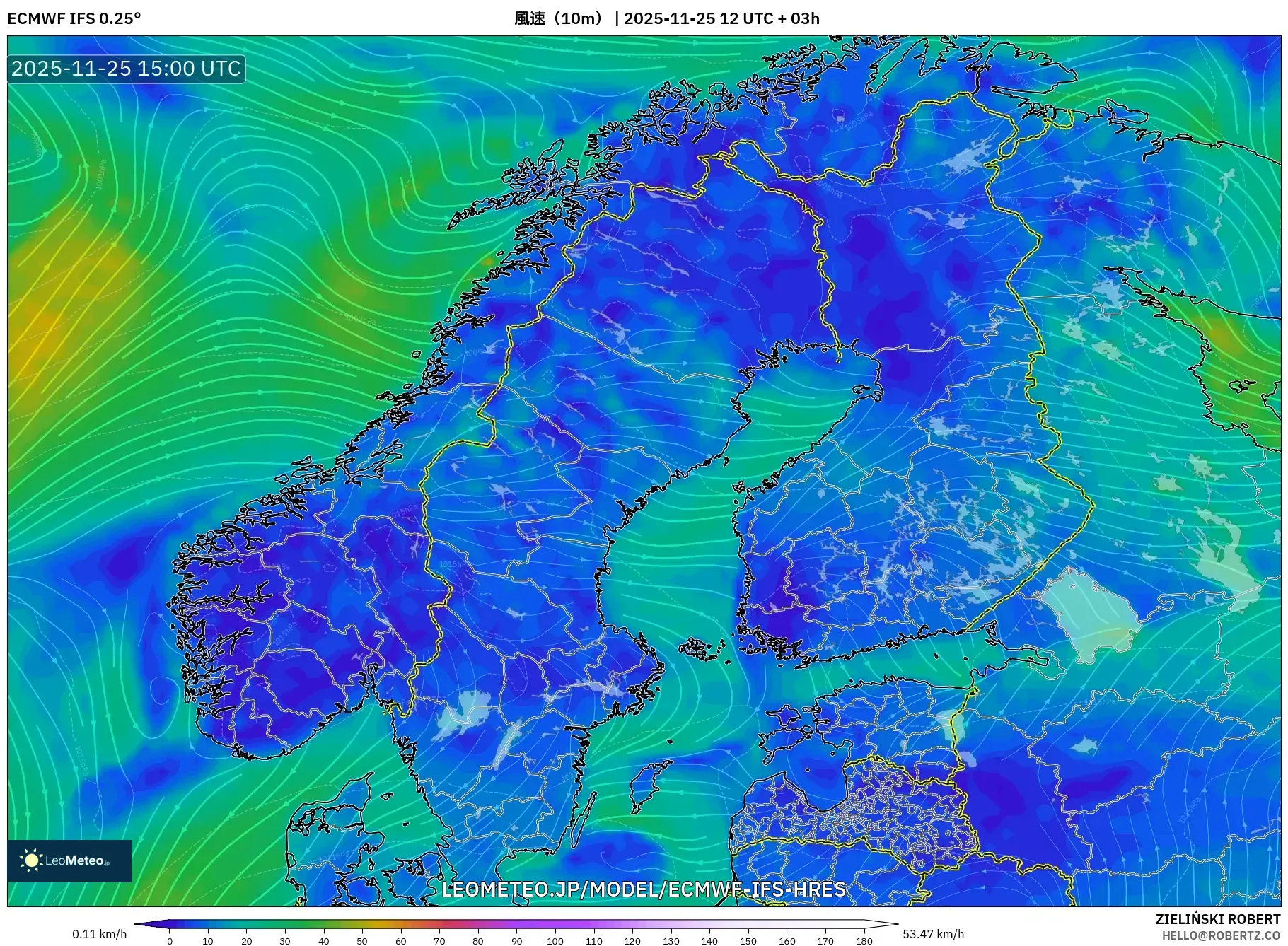 ECMWF IFS 0.25° model - スカンジナビア, 風速（10m）