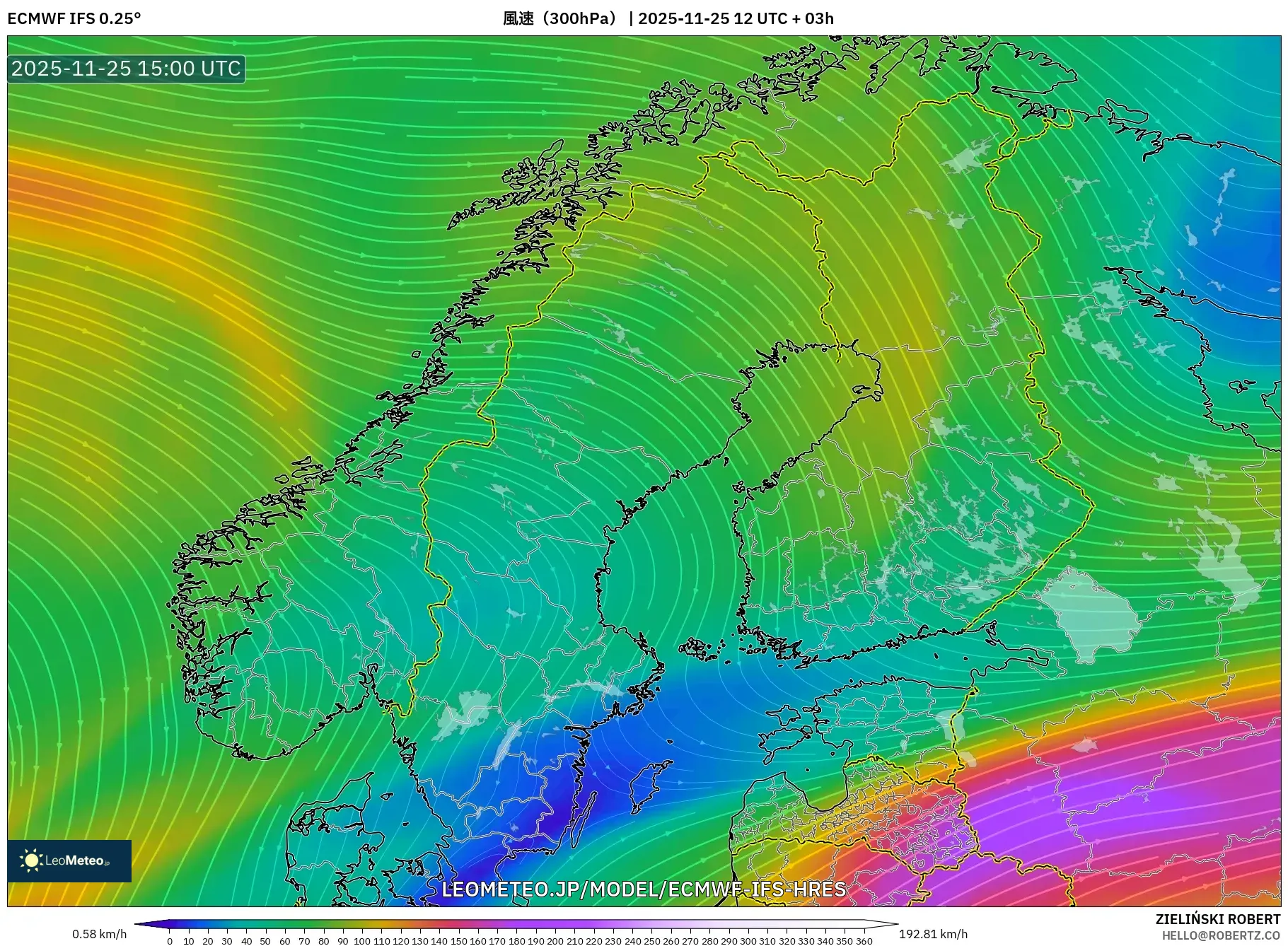 ECMWF IFS 0.25° model - スカンジナビア, 風速（300hPa）