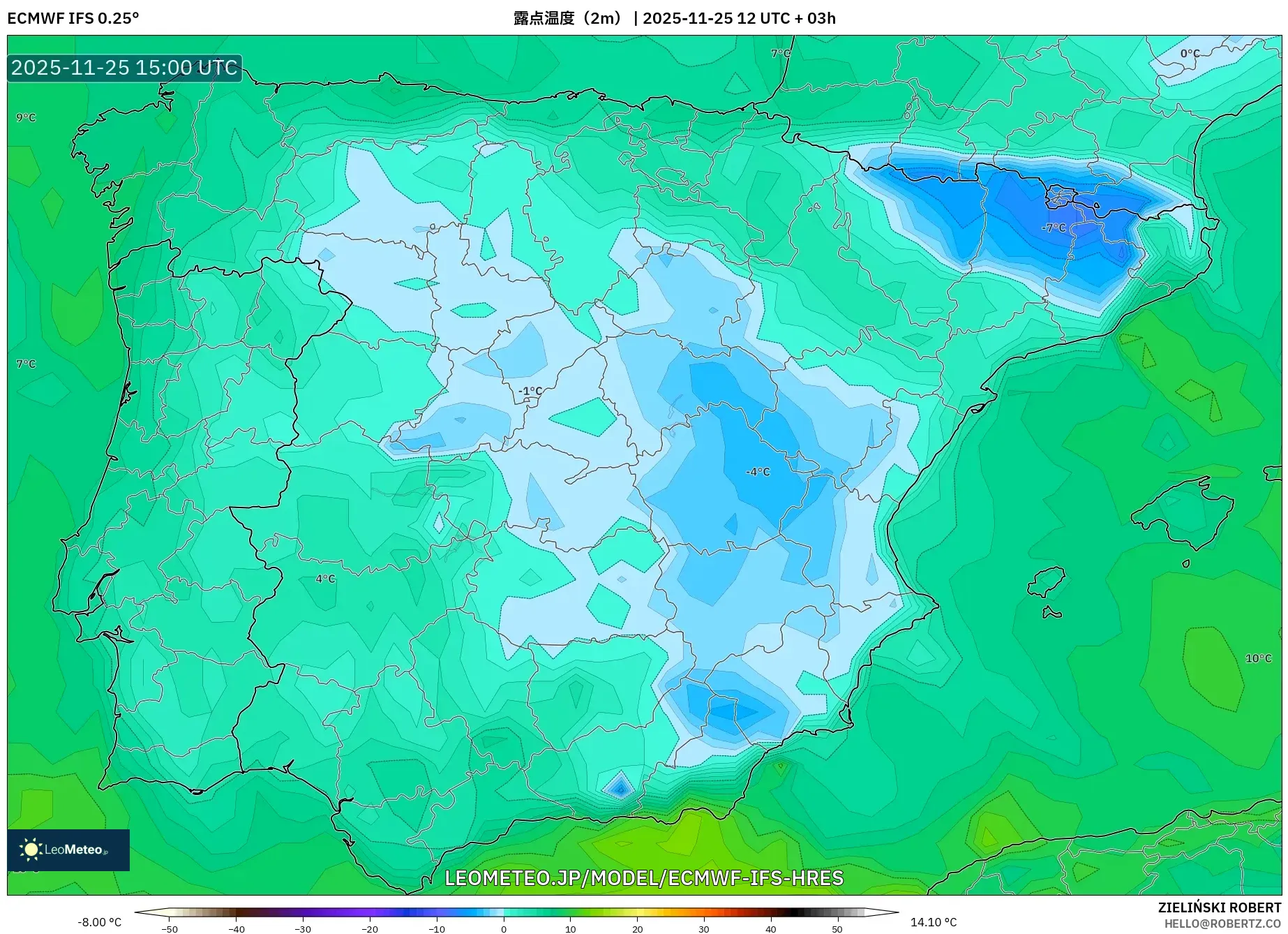ECMWF IFS 0.25° model - スペイン, 露点温度（2m）
