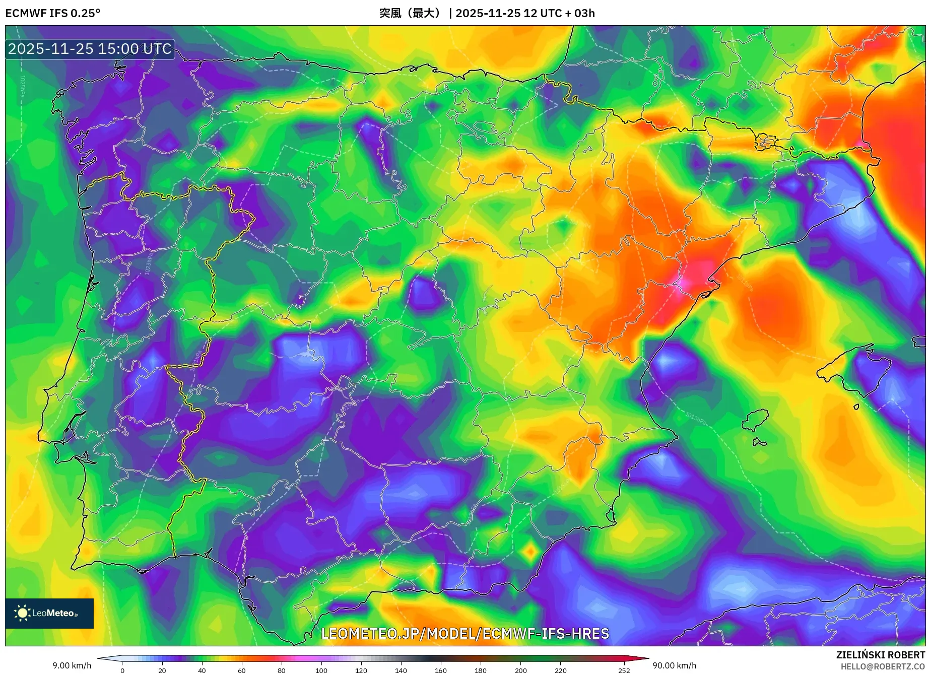 ECMWF IFS 0.25° model - スペイン, 突風（最大）