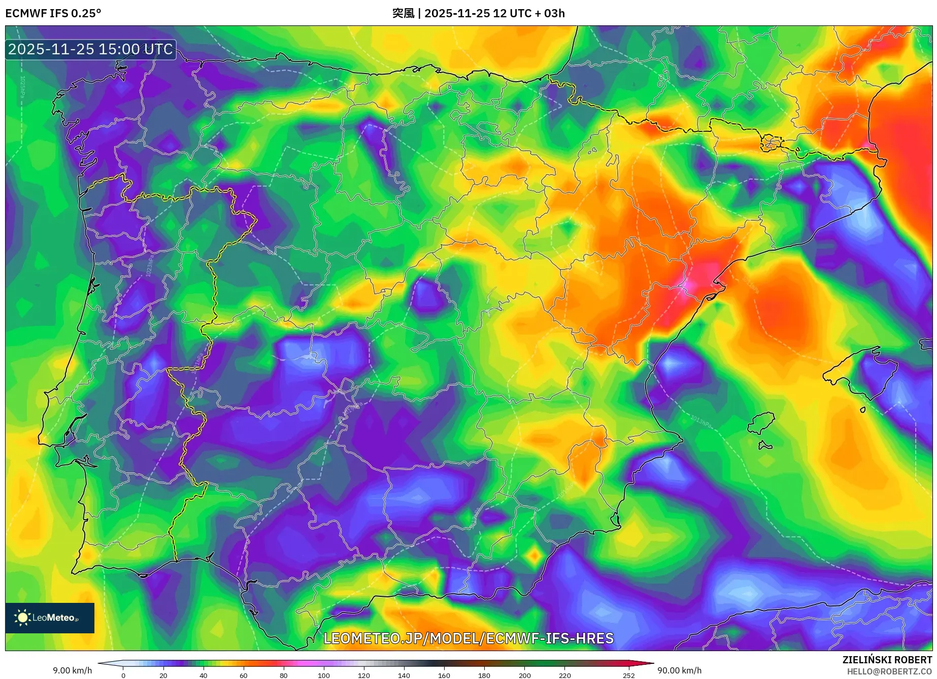 ECMWF IFS 0.25° model - スペイン, 突風