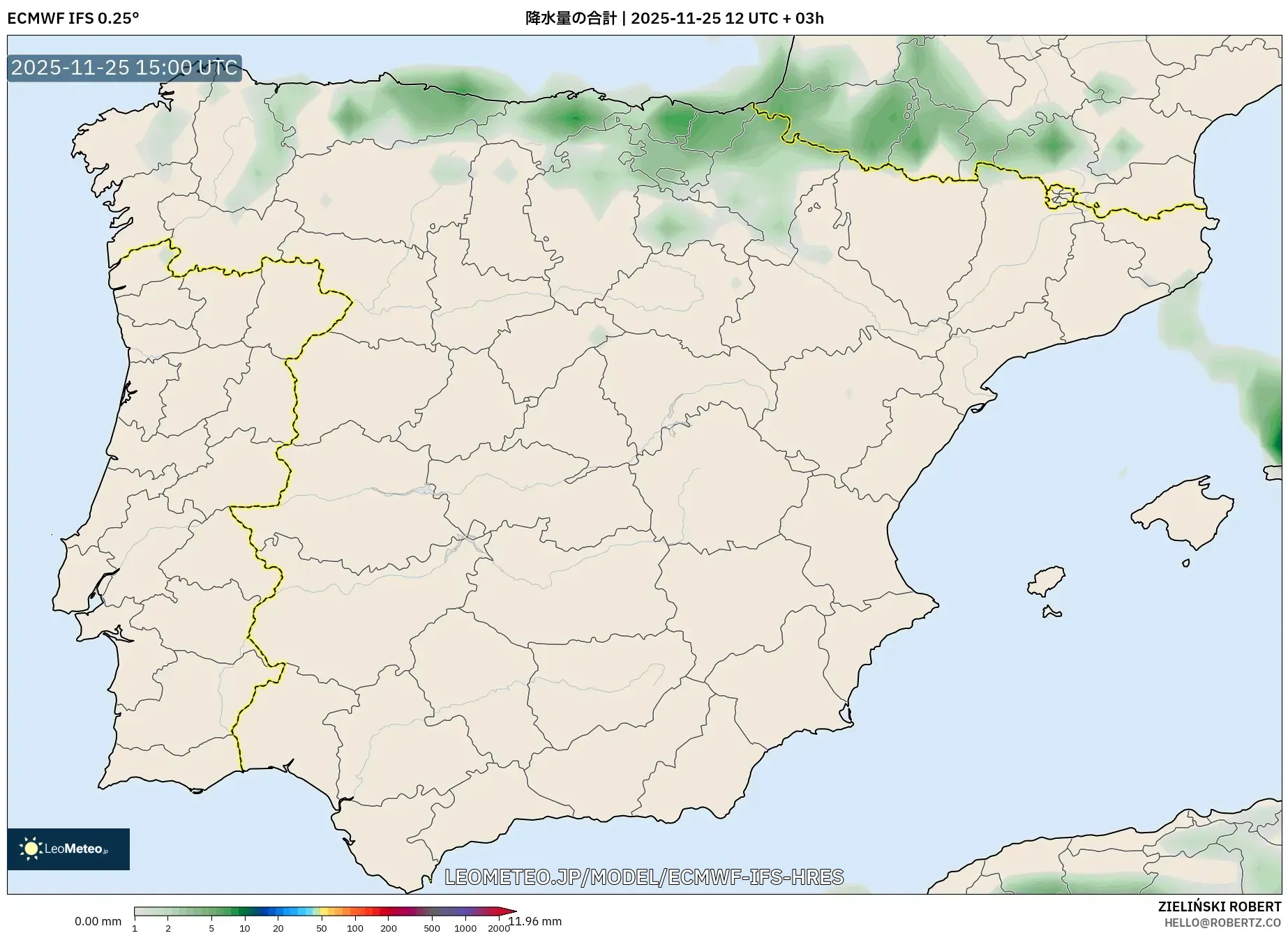 ECMWF IFS 0.25° model - スペイン, 降水量の合計