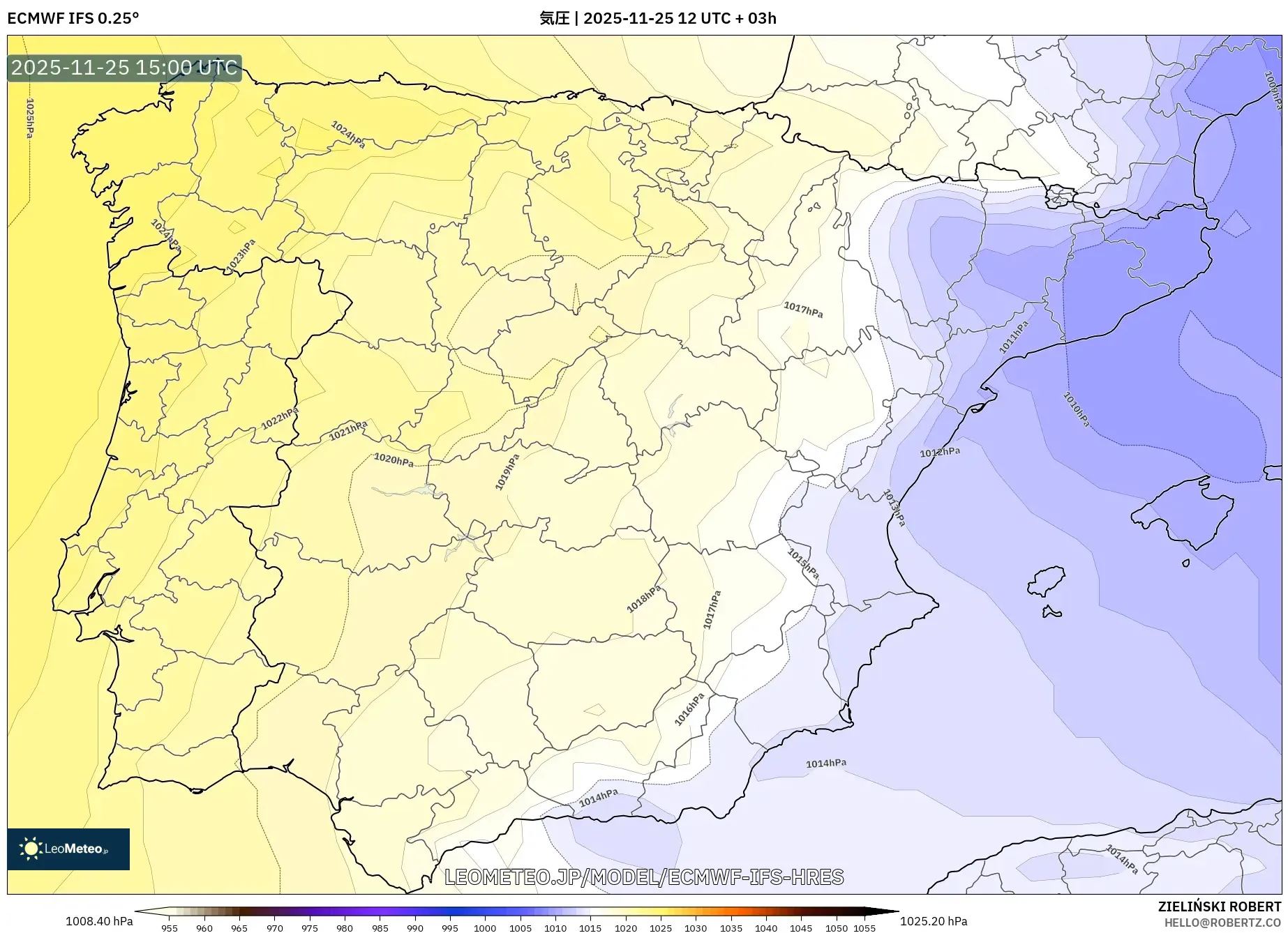 ECMWF IFS 0.25° model - スペイン, 気圧