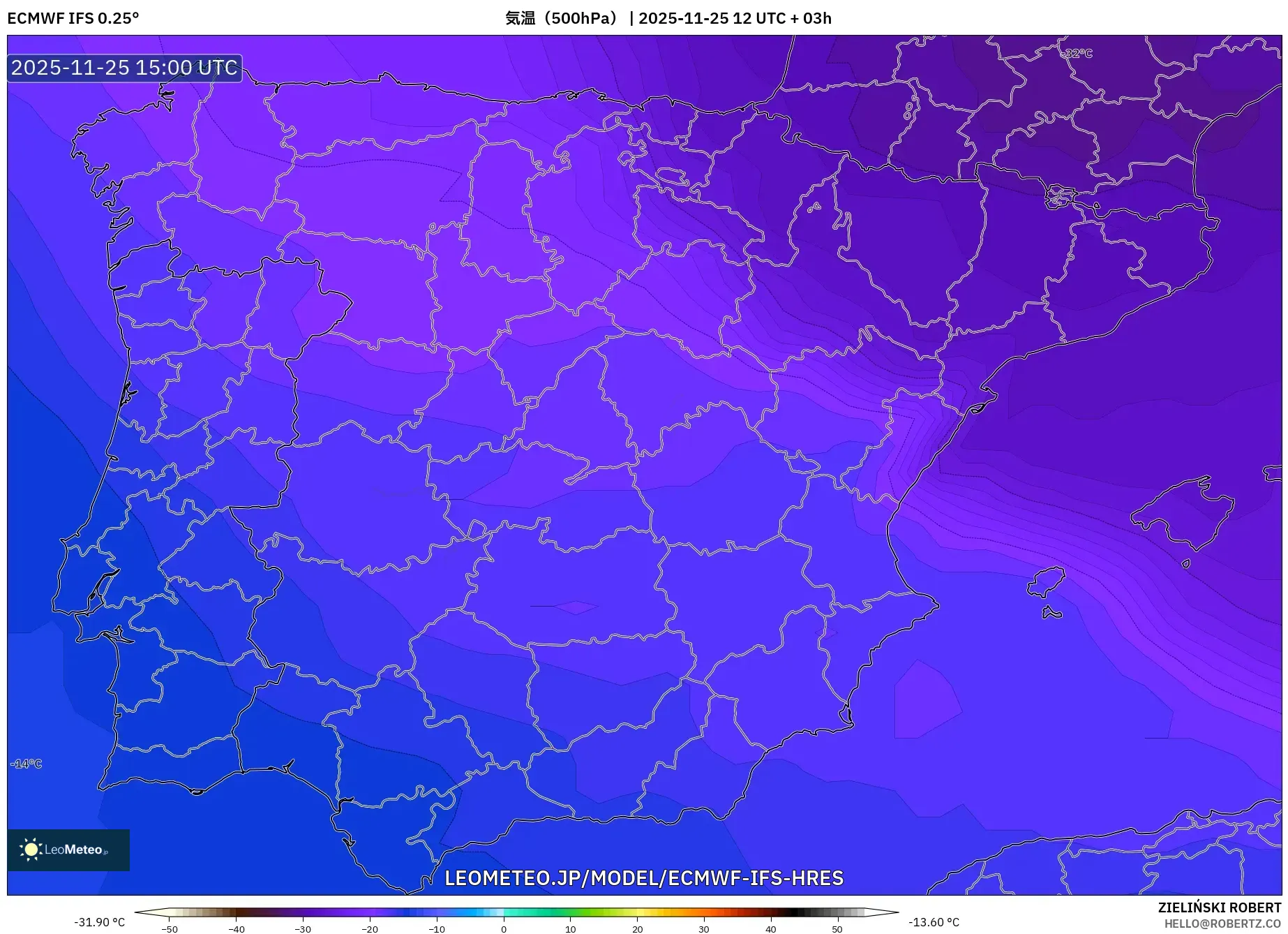 ECMWF IFS 0.25° model - スペイン, 気温（500hPa）