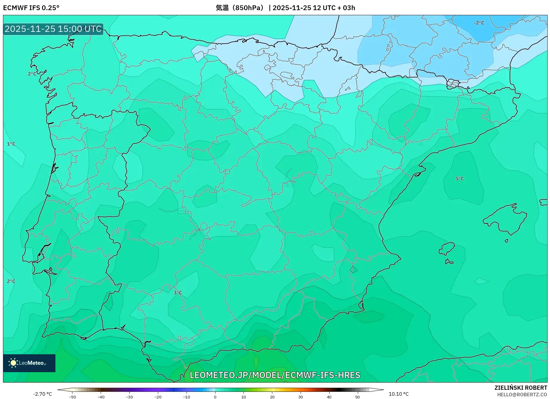 ECMWF IFS 0.25° model - スペイン, 気温（850hPa）
