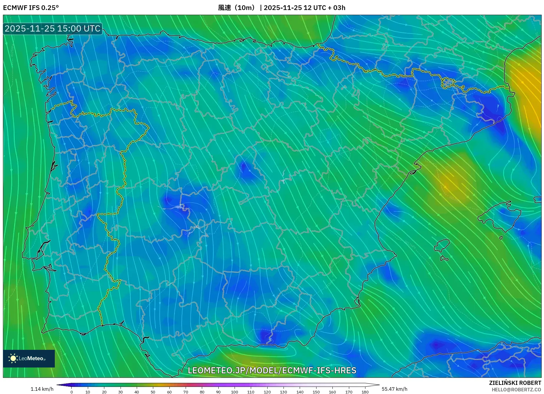 ECMWF IFS 0.25° model - スペイン, 風速（10m）