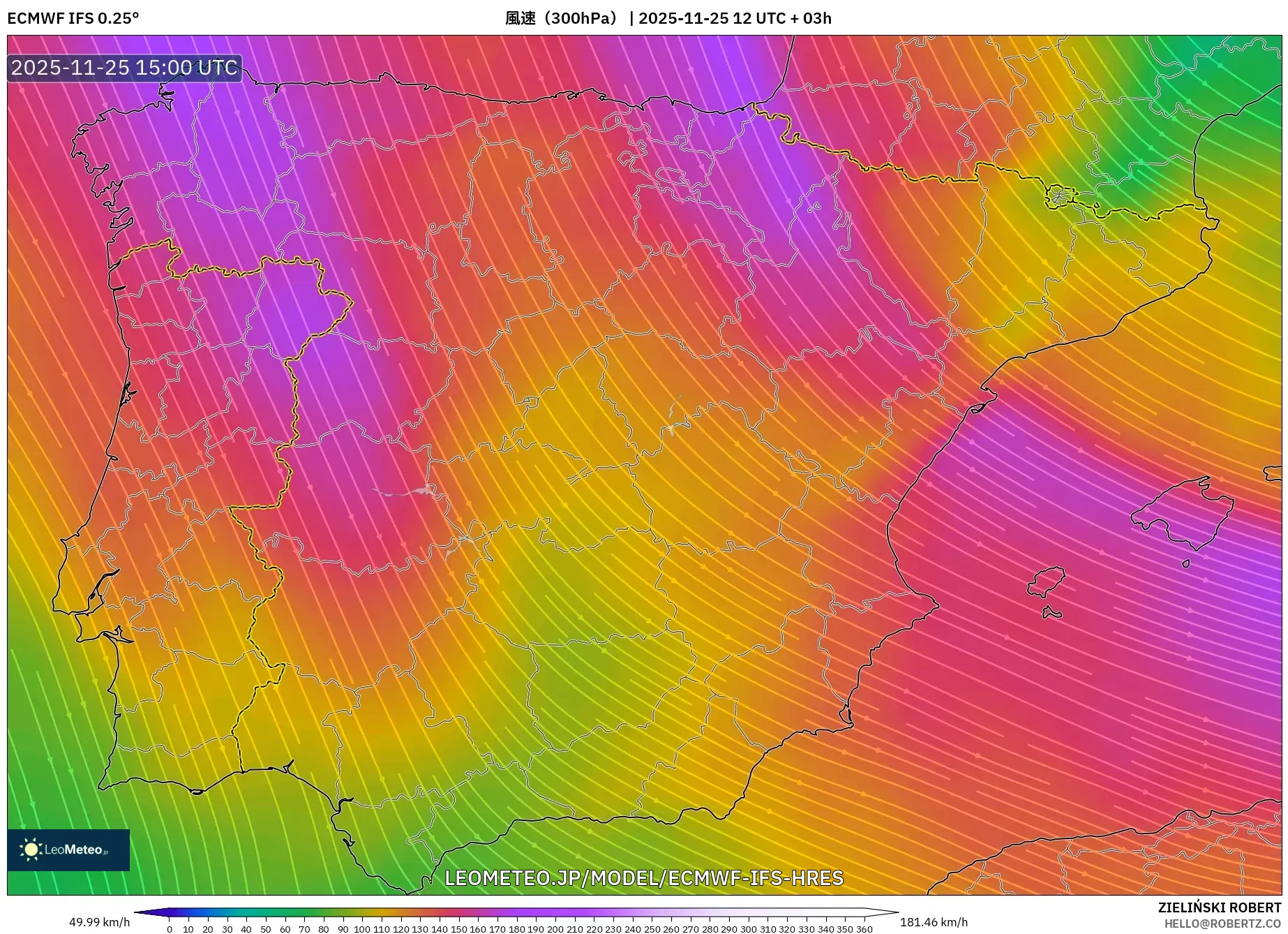 ECMWF IFS 0.25° model - スペイン, 風速（300hPa）