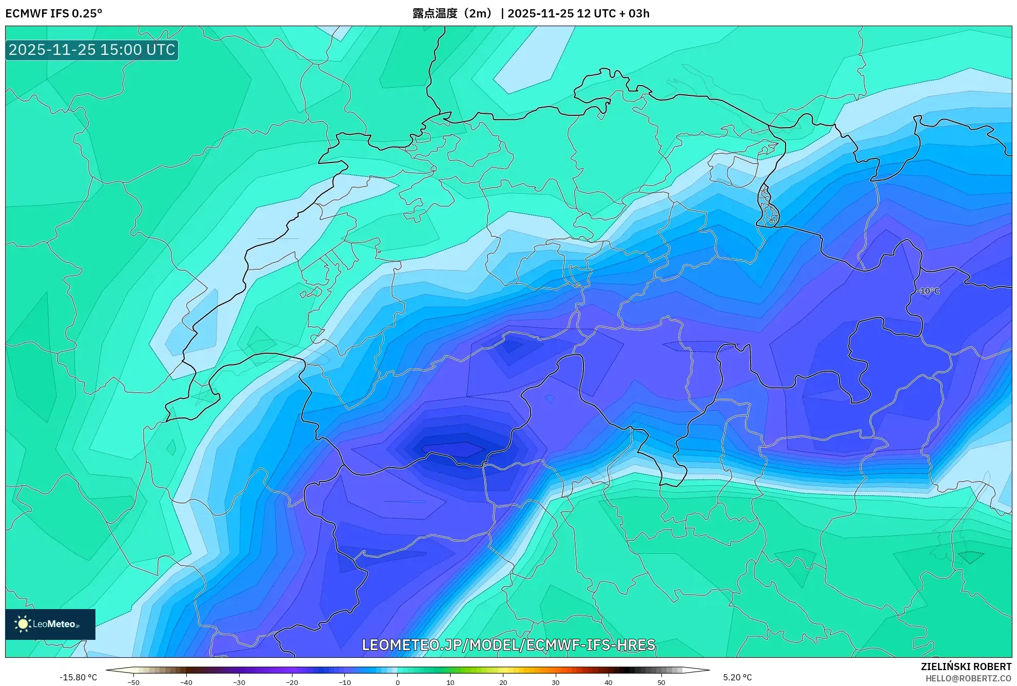 ECMWF IFS 0.25° model - スイス, 露点温度（2m）