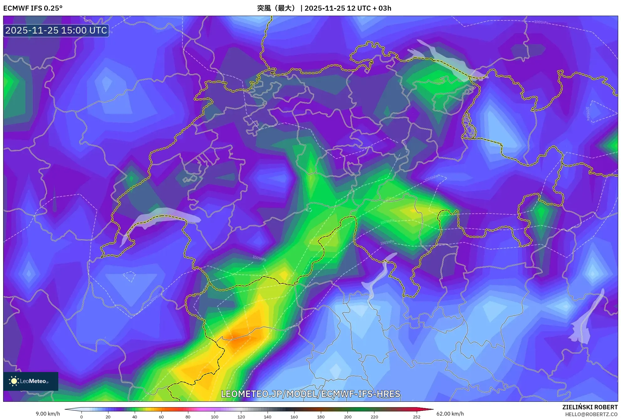 ECMWF IFS 0.25° model - スイス, 突風（最大）