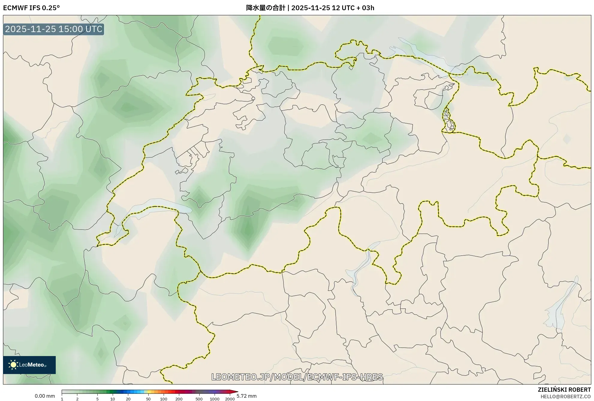 ECMWF IFS 0.25° model - スイス, 降水量の合計