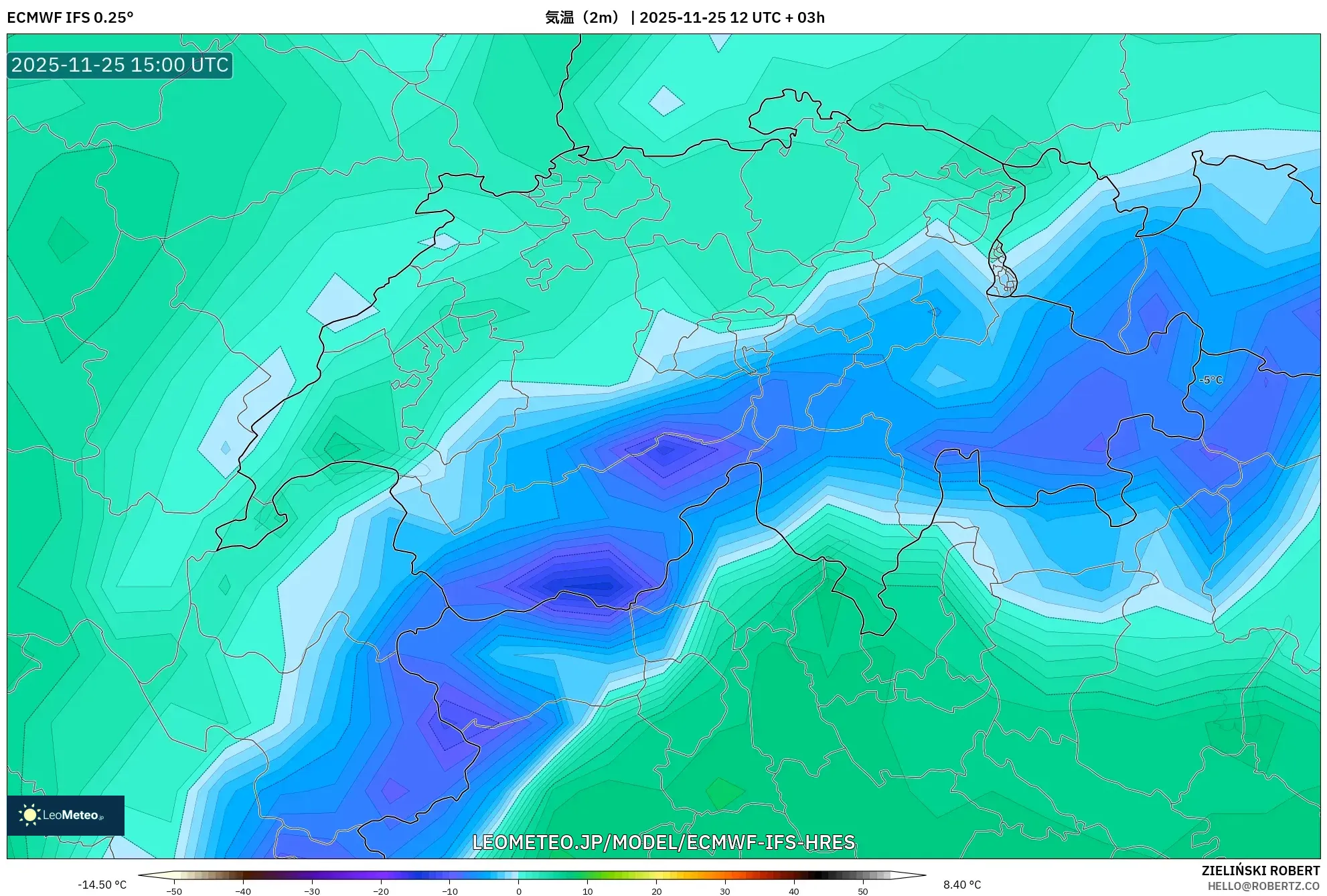 ECMWF IFS 0.25° model - スイス, 気温（2m）