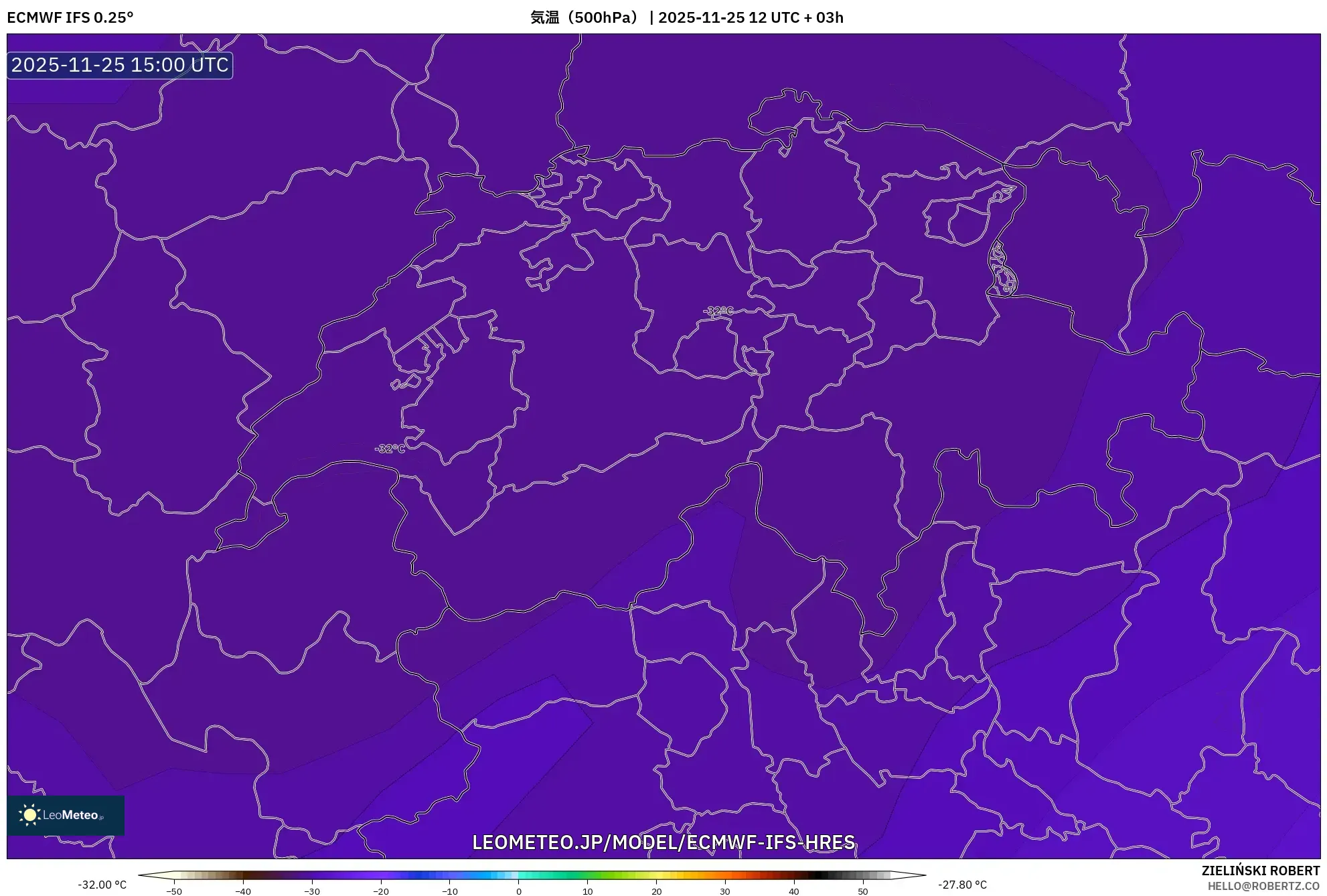 ECMWF IFS 0.25° model - スイス, 気温（500hPa）