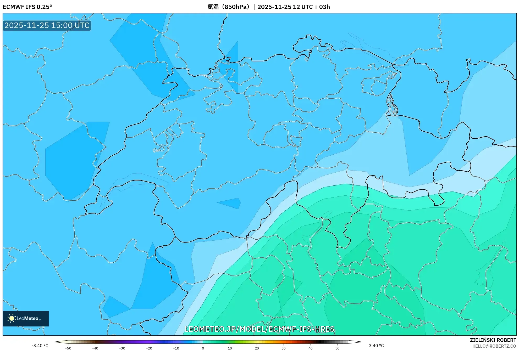 ECMWF IFS 0.25° model - スイス, 気温（850hPa）