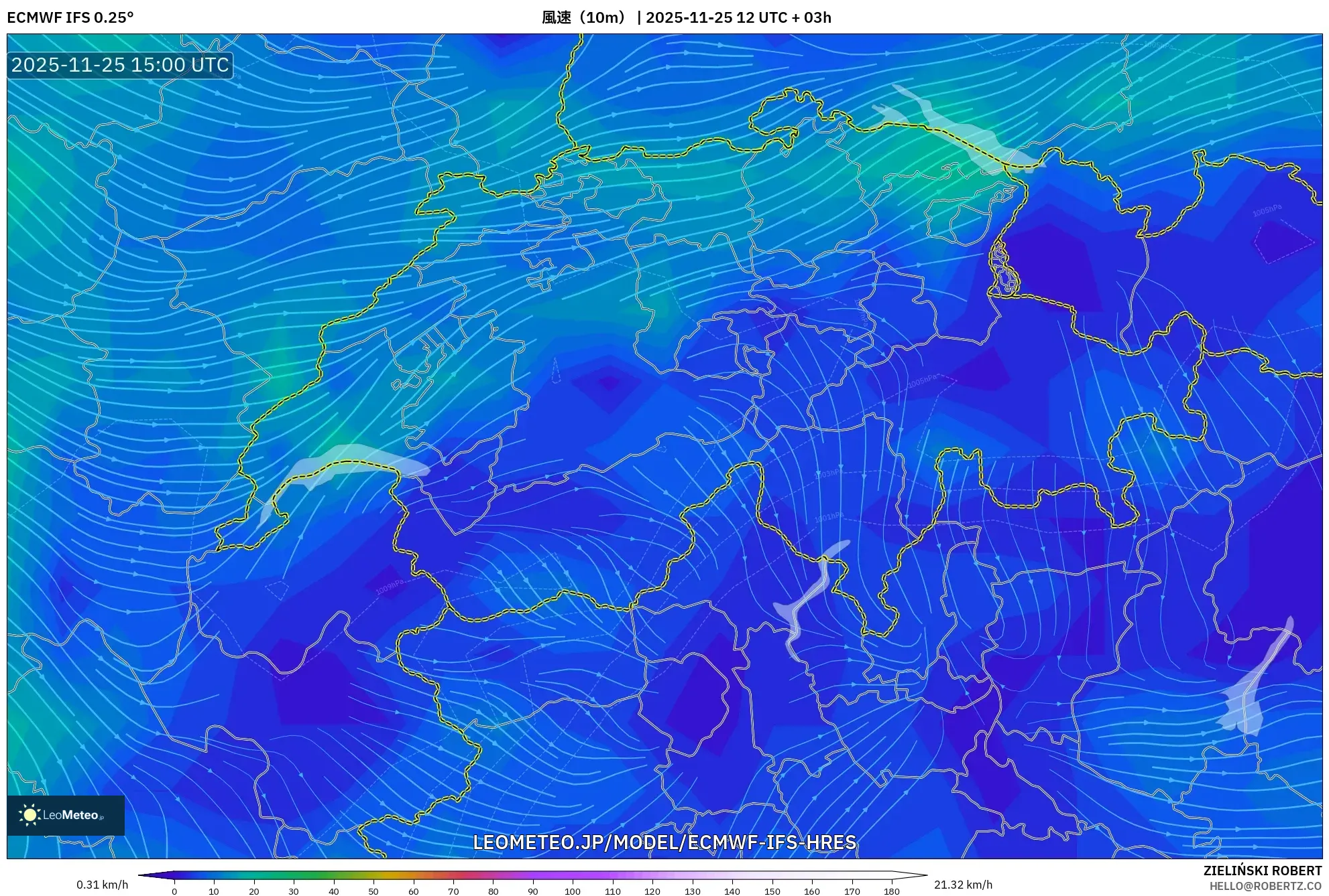 ECMWF IFS 0.25° model - スイス, 風速（10m）
