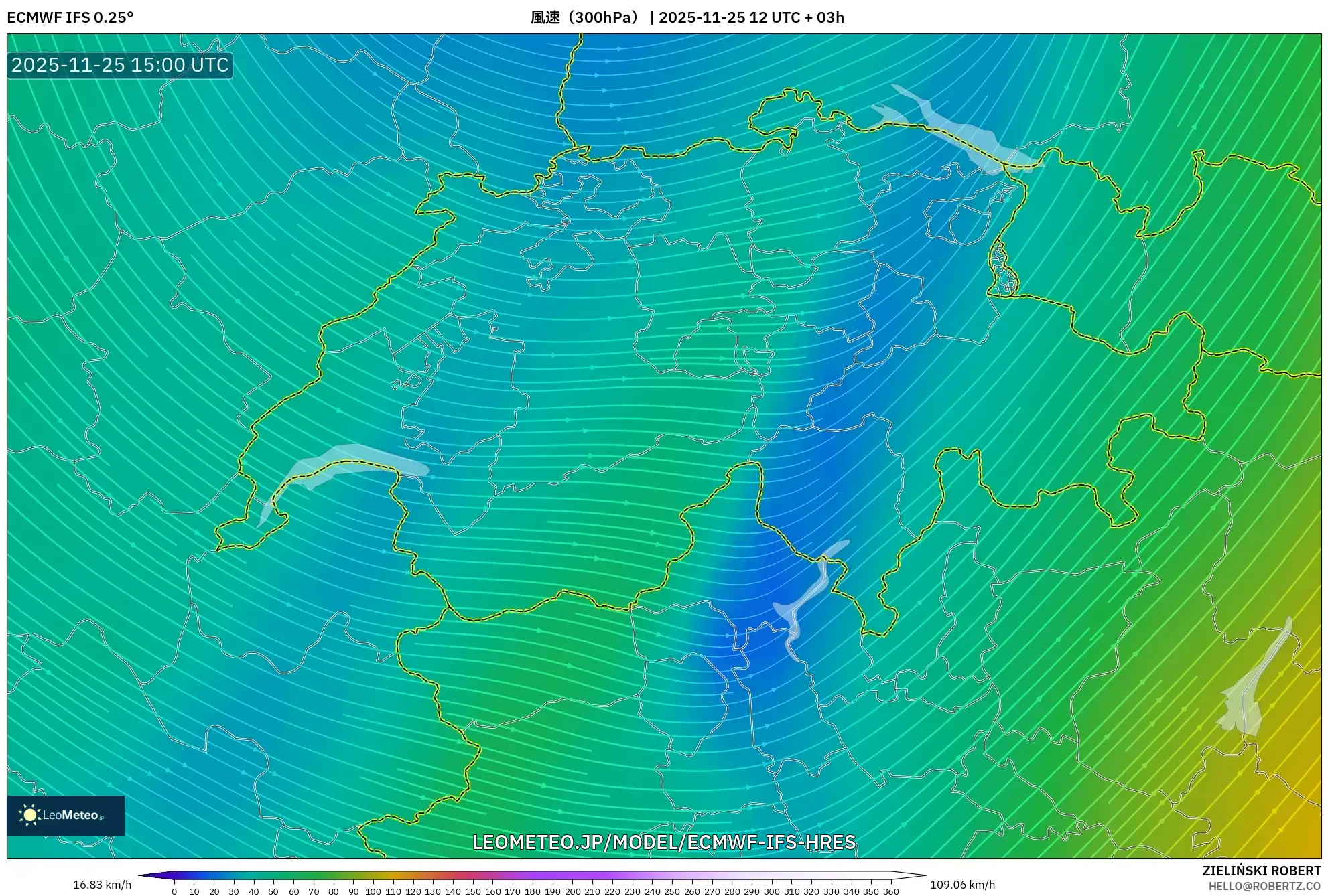 ECMWF IFS 0.25° model - スイス, 風速（300hPa）