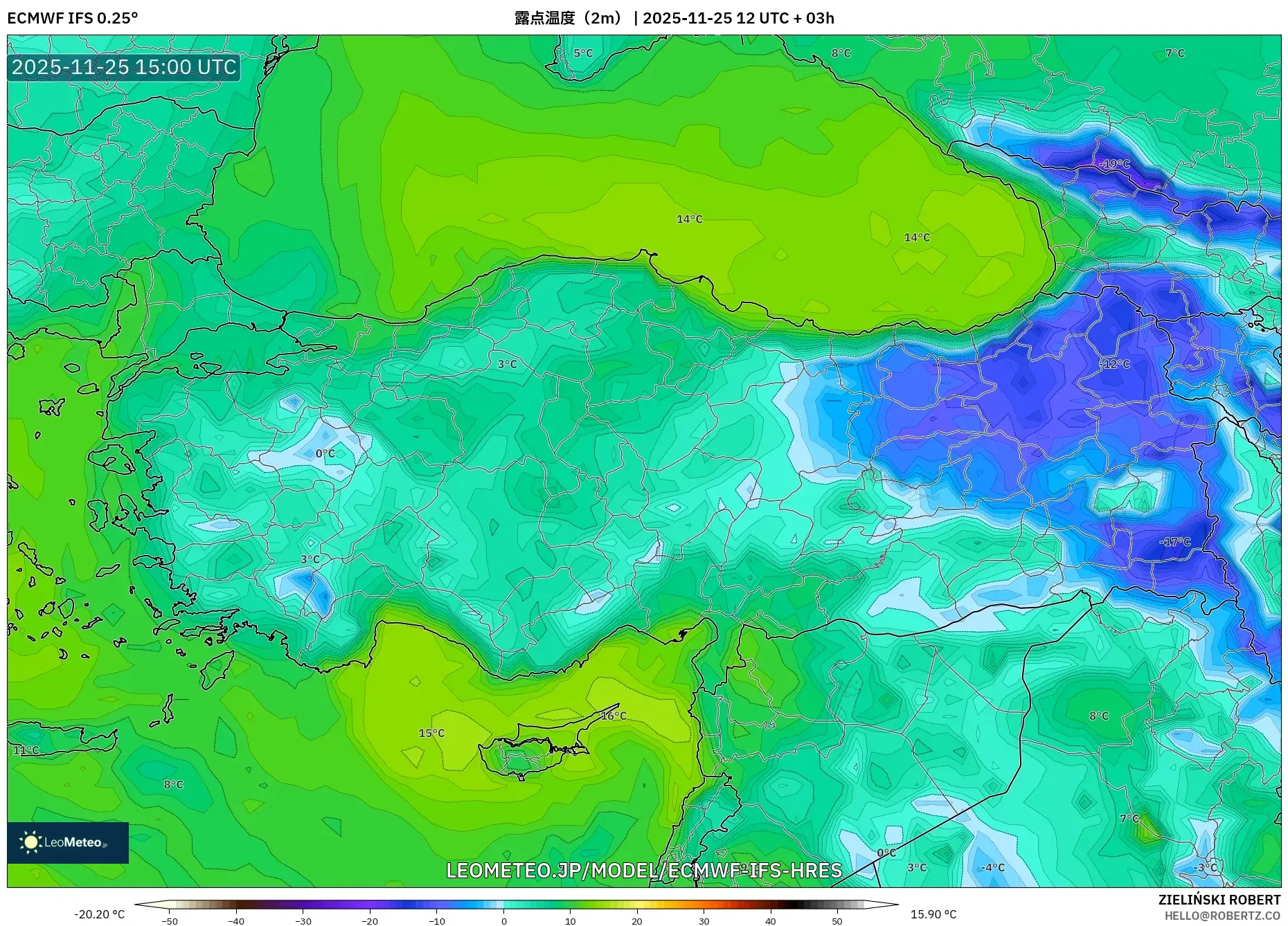 ECMWF IFS 0.25° model - トルコ, 露点温度（2m）