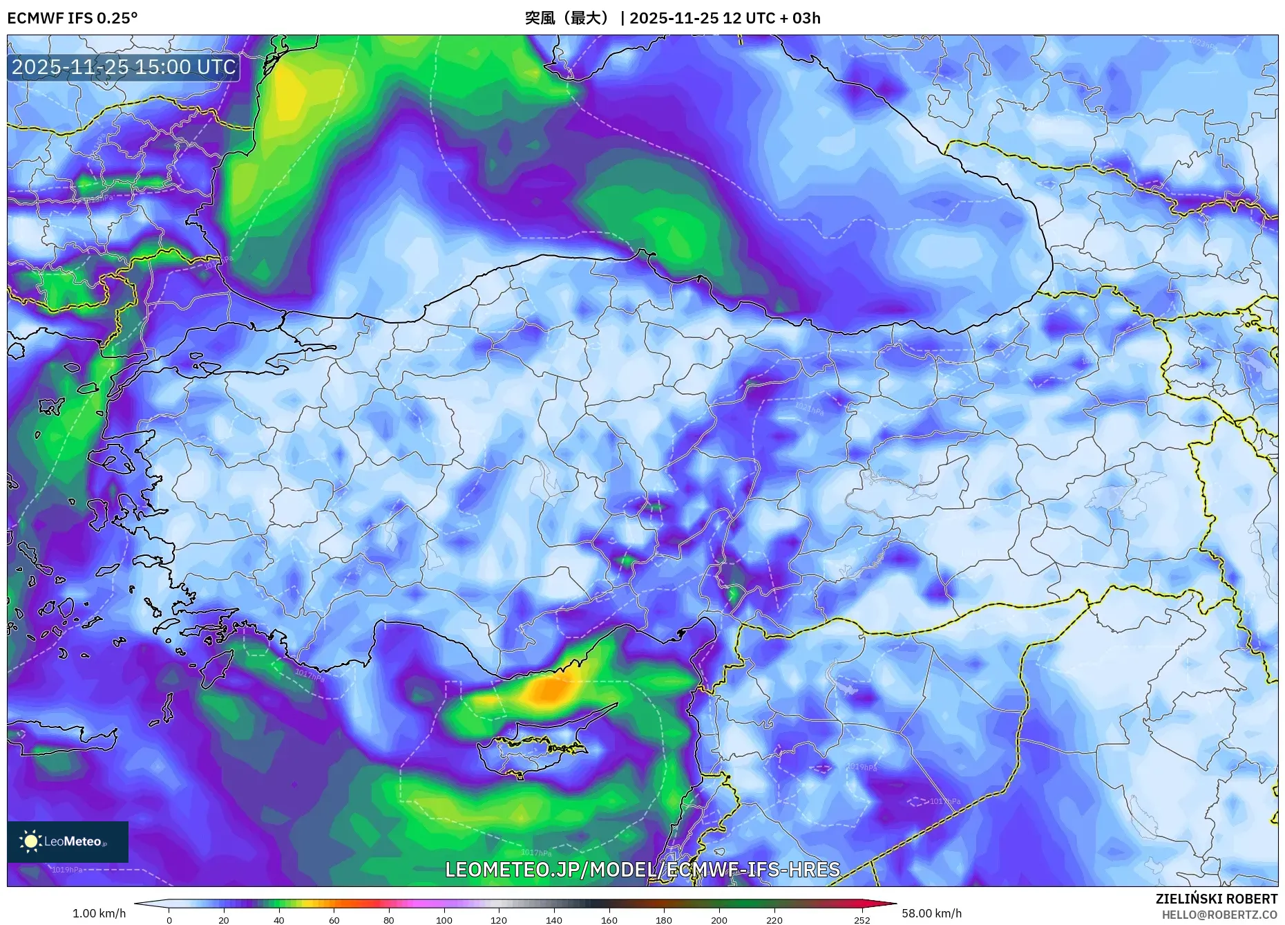 ECMWF IFS 0.25° model - トルコ, 突風（最大）