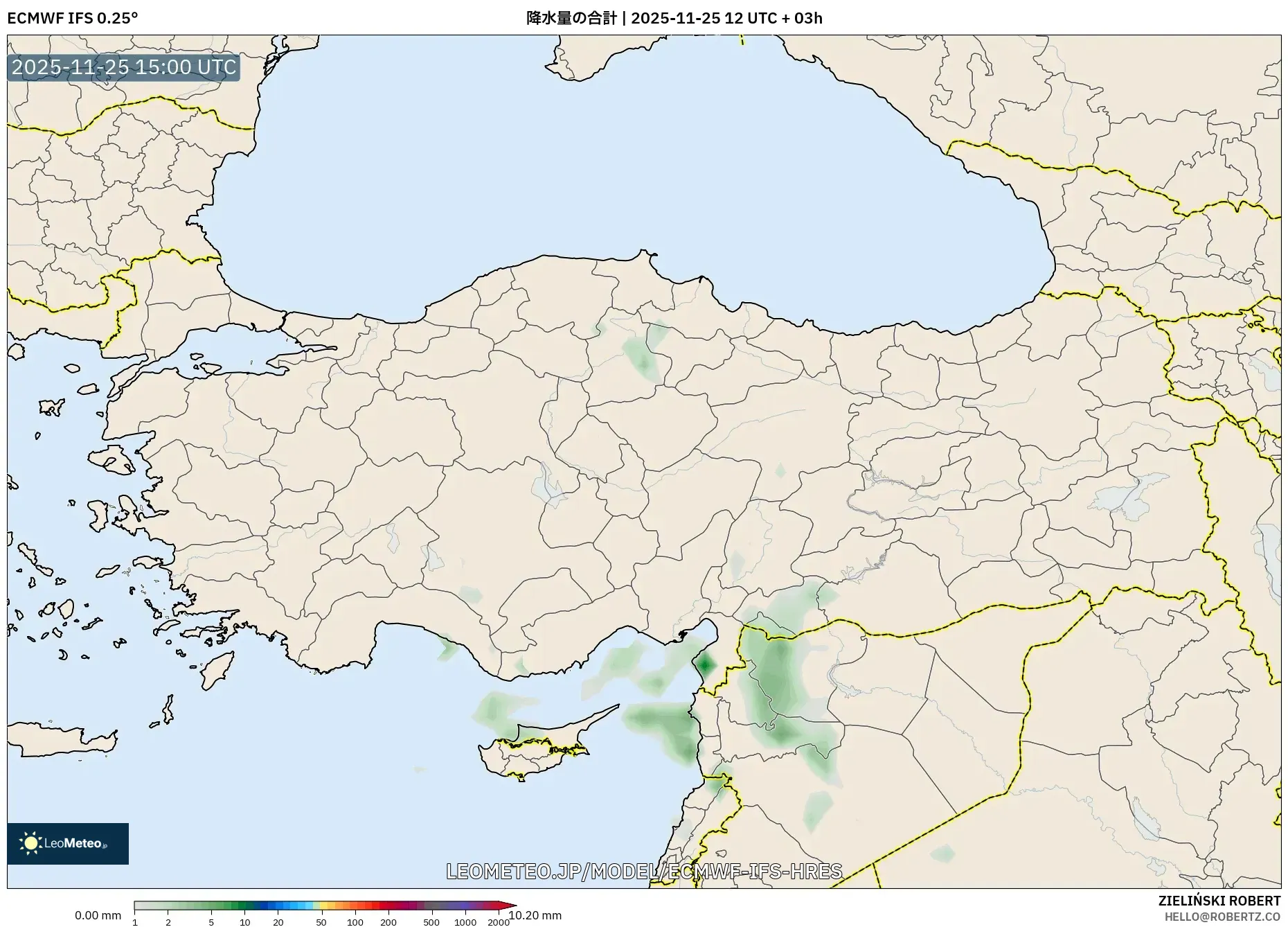 ECMWF IFS 0.25° model - トルコ, 降水量の合計