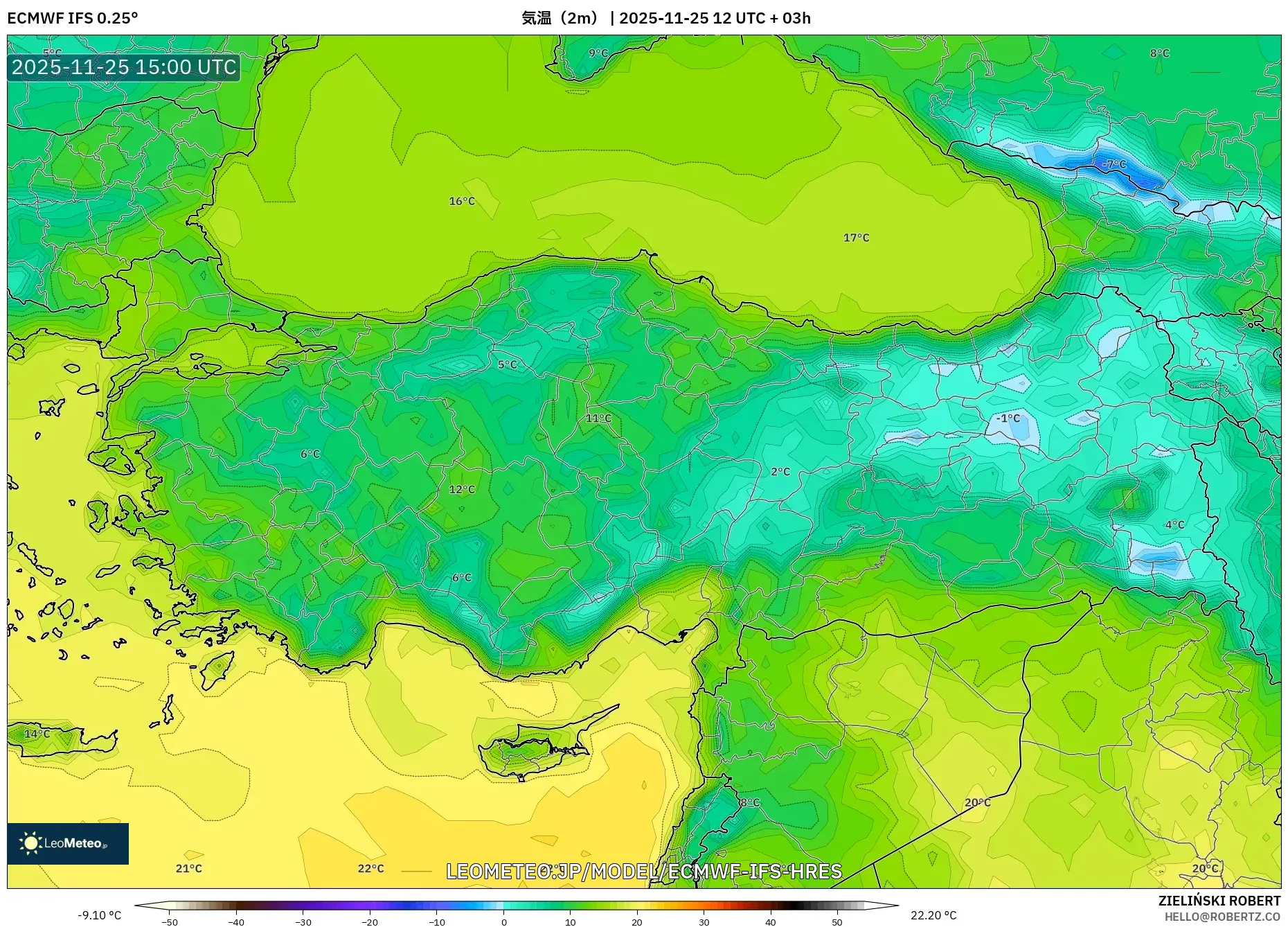 ECMWF IFS 0.25° model - トルコ, 気温（2m）