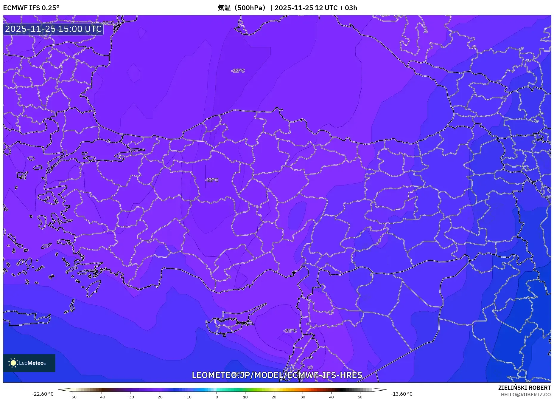 ECMWF IFS 0.25° model - トルコ, 気温（500hPa）