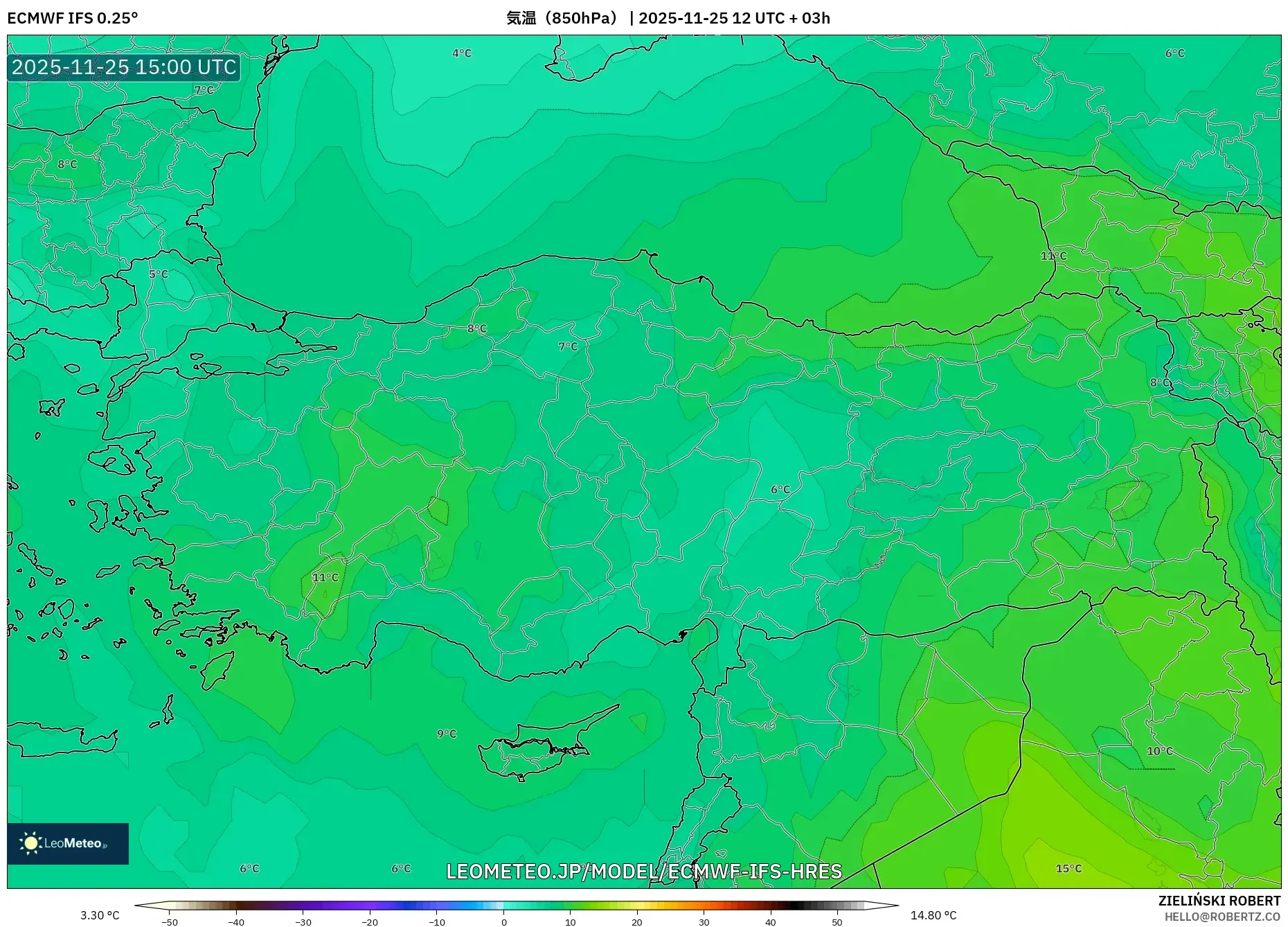 ECMWF IFS 0.25° model - トルコ, 気温（850hPa）