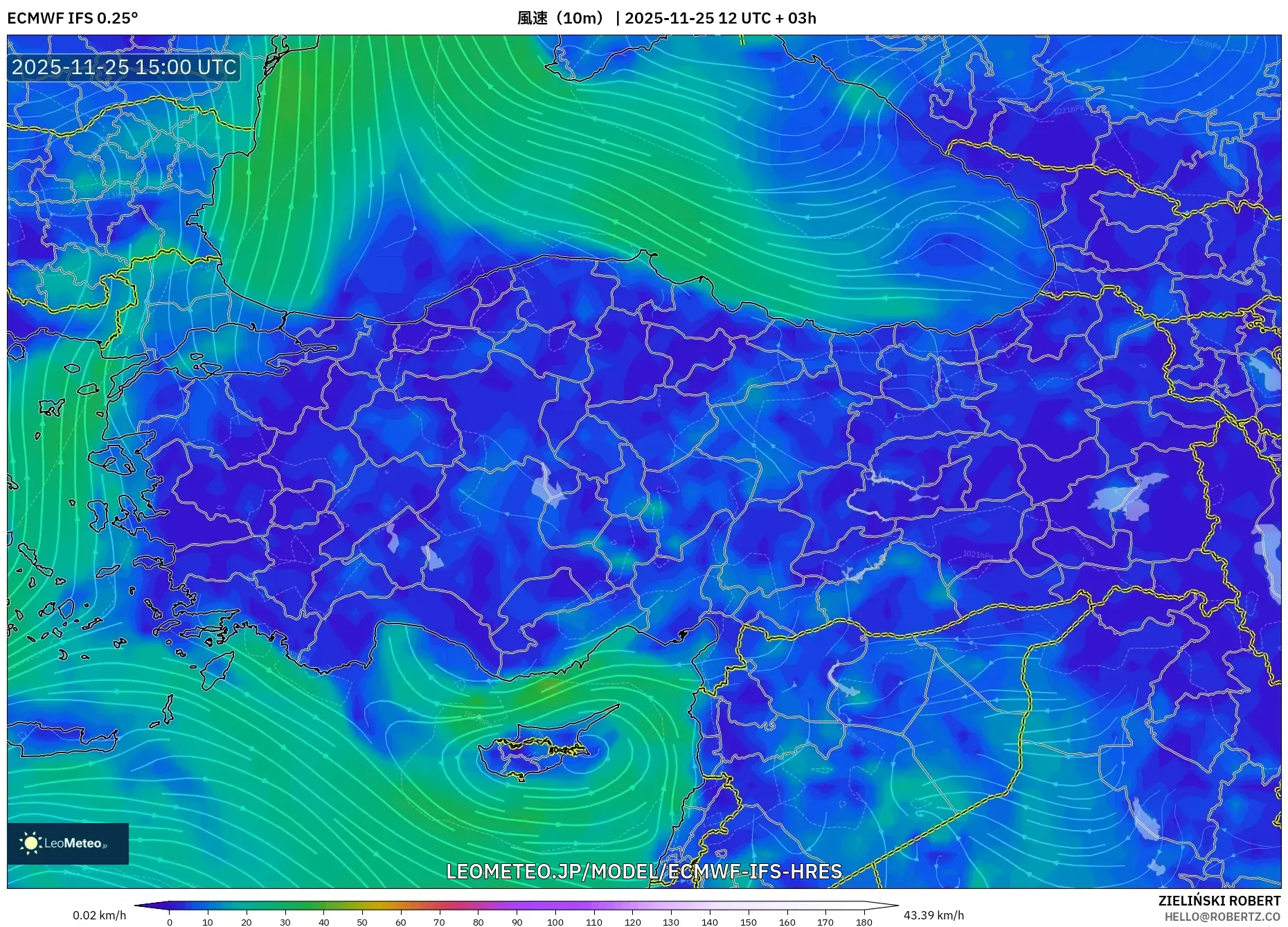 ECMWF IFS 0.25° model - トルコ, 風速（10m）