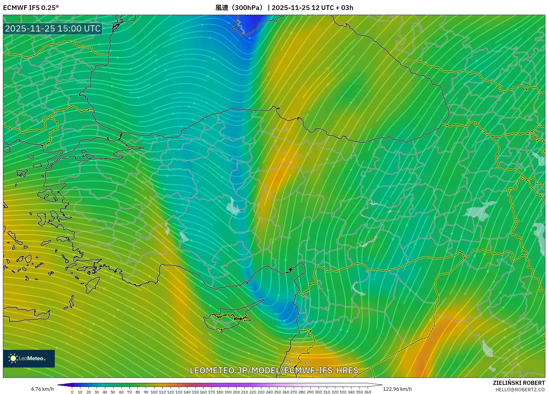 ECMWF IFS 0.25° model - トルコ, 風速（300hPa）