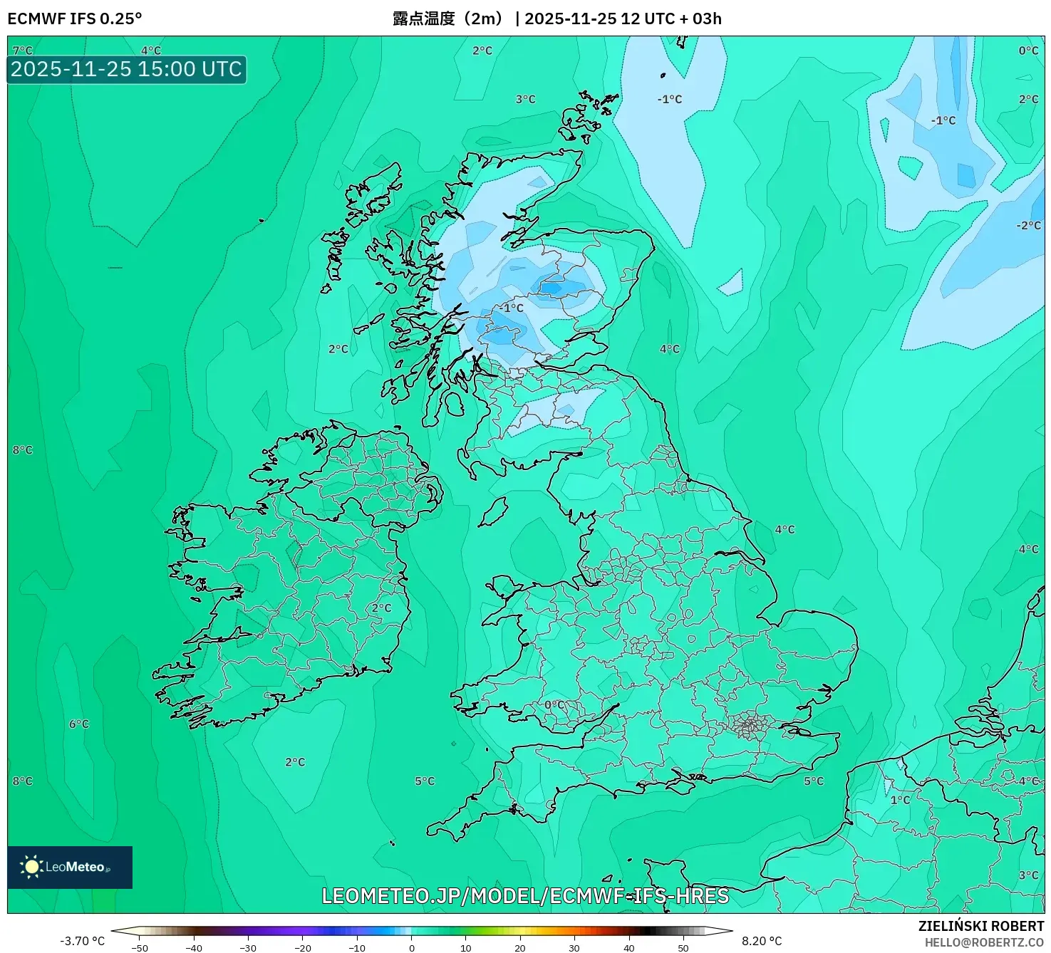 ECMWF IFS 0.25° model - イギリス, 露点温度（2m）
