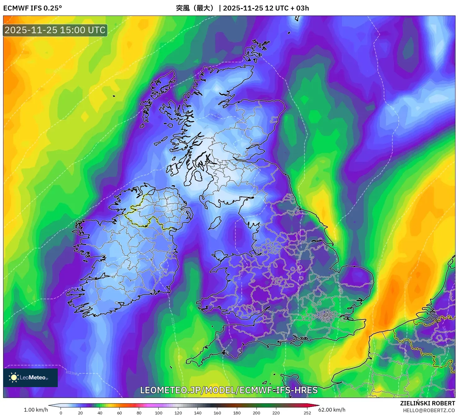 ECMWF IFS 0.25° model - イギリス, 突風（最大）
