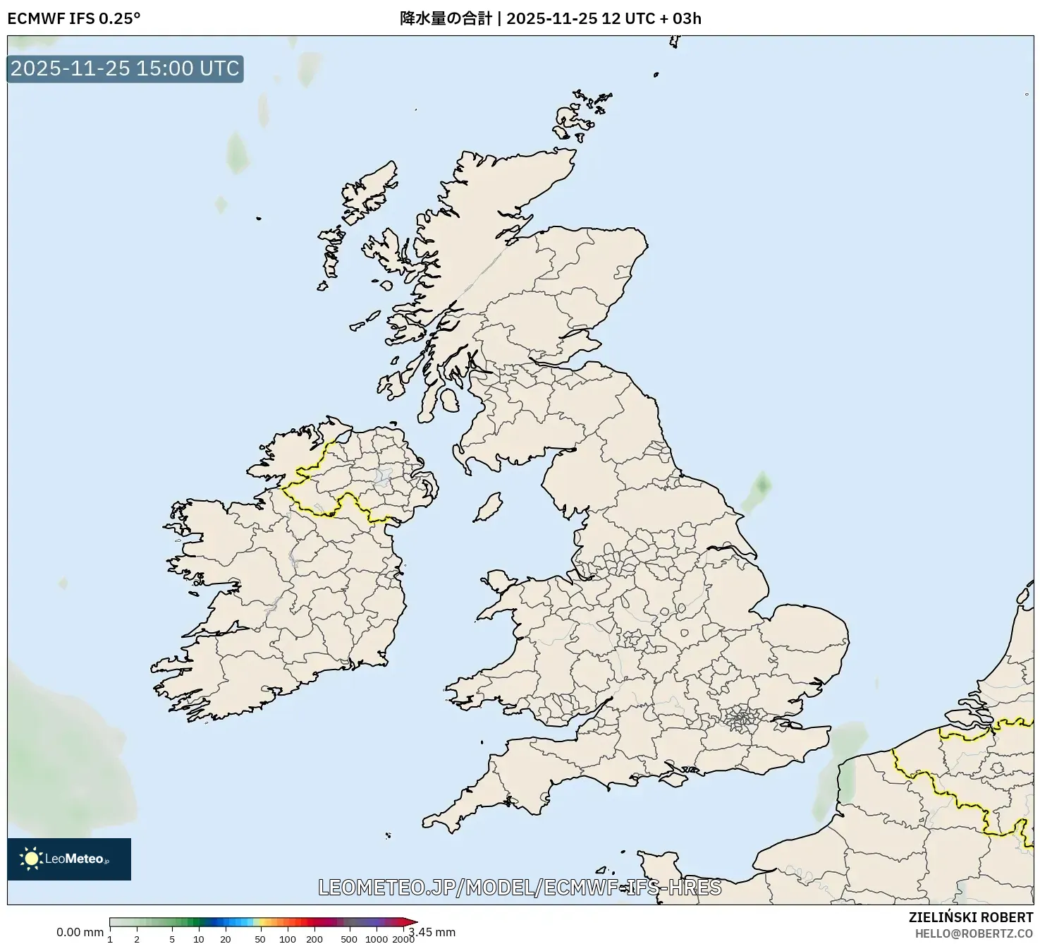 ECMWF IFS 0.25° model - イギリス, 降水量の合計