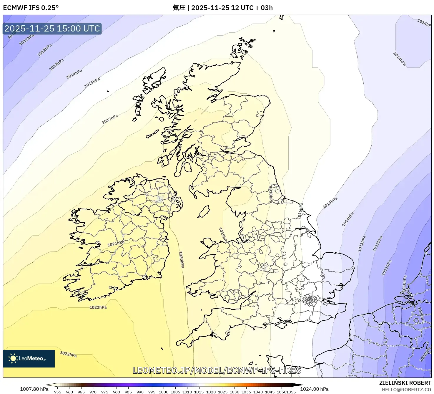 ECMWF IFS 0.25° model - イギリス, 気圧