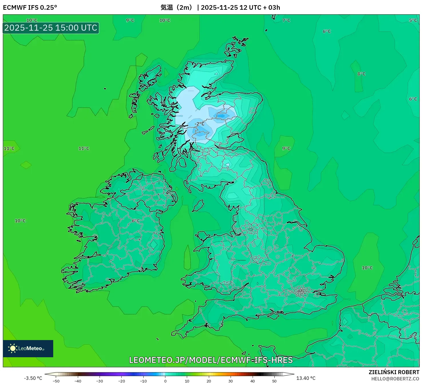ECMWF IFS 0.25° model - イギリス, 気温（2m）