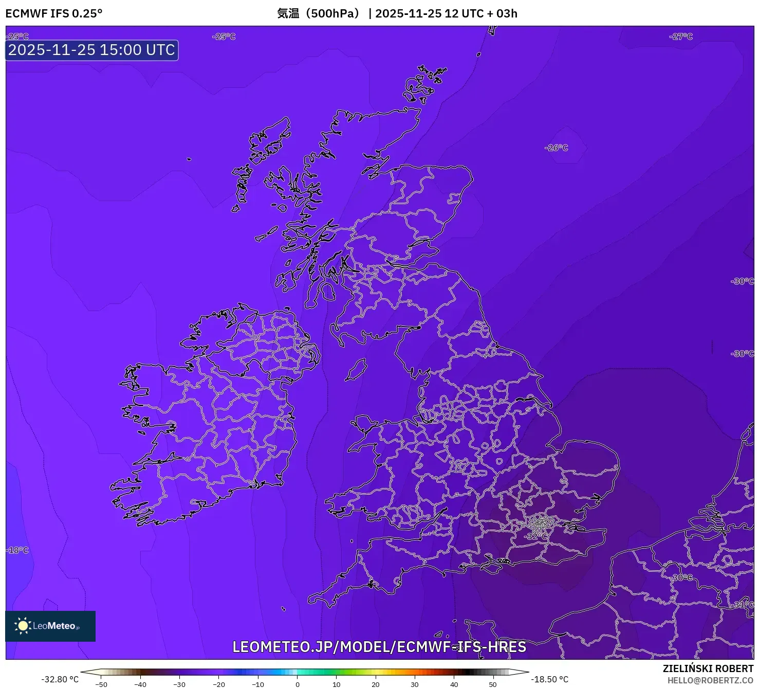 ECMWF IFS 0.25° model - イギリス, 気温（500hPa）