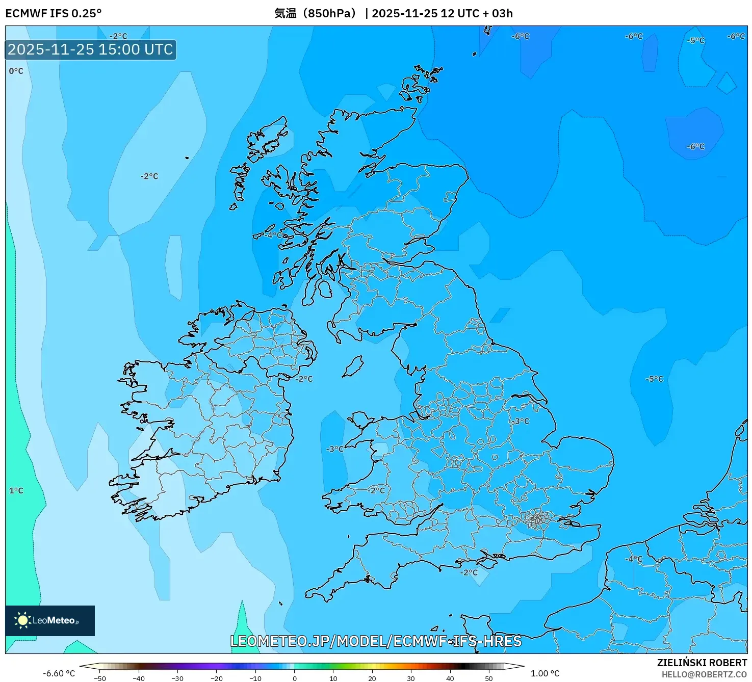 ECMWF IFS 0.25° model - イギリス, 気温（850hPa）