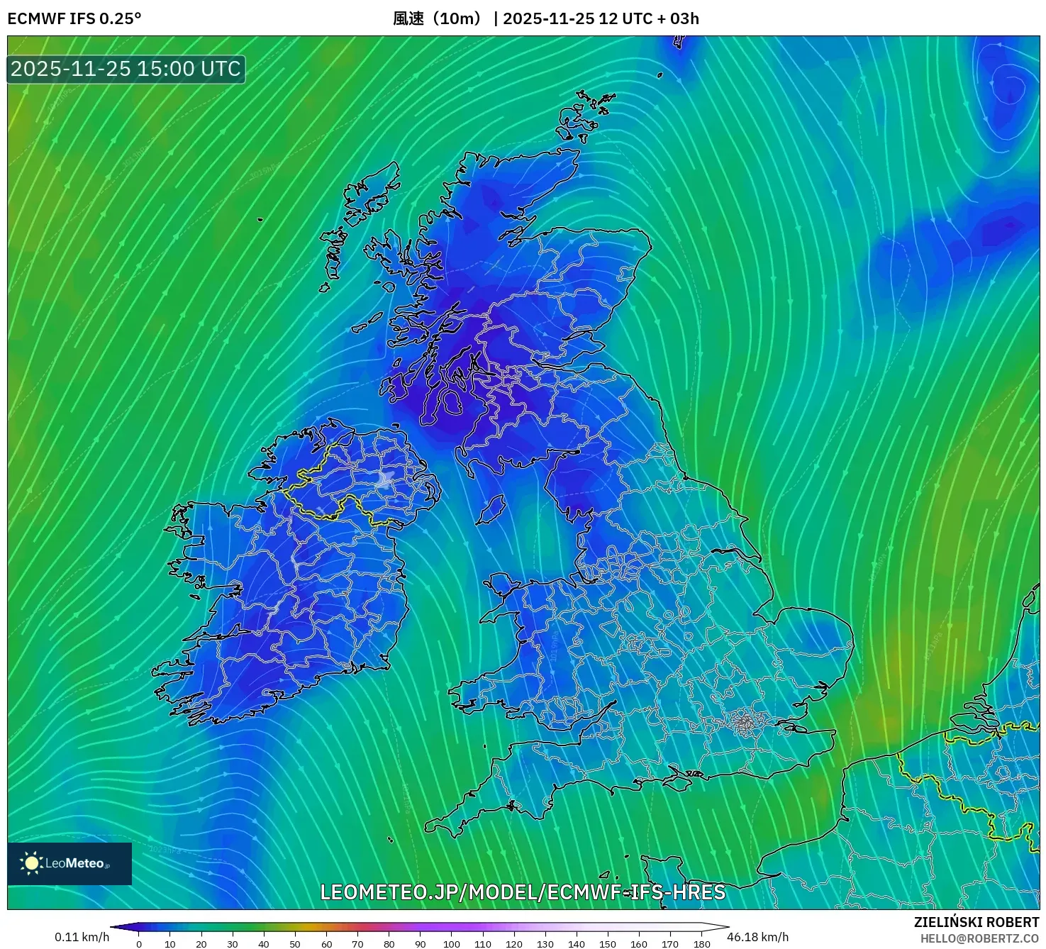 ECMWF IFS 0.25° model - イギリス, 風速（10m）