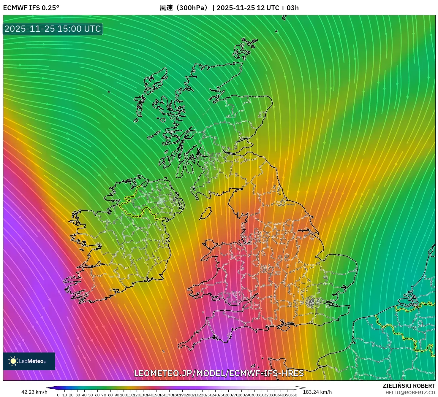 ECMWF IFS 0.25° model - イギリス, 風速（300hPa）