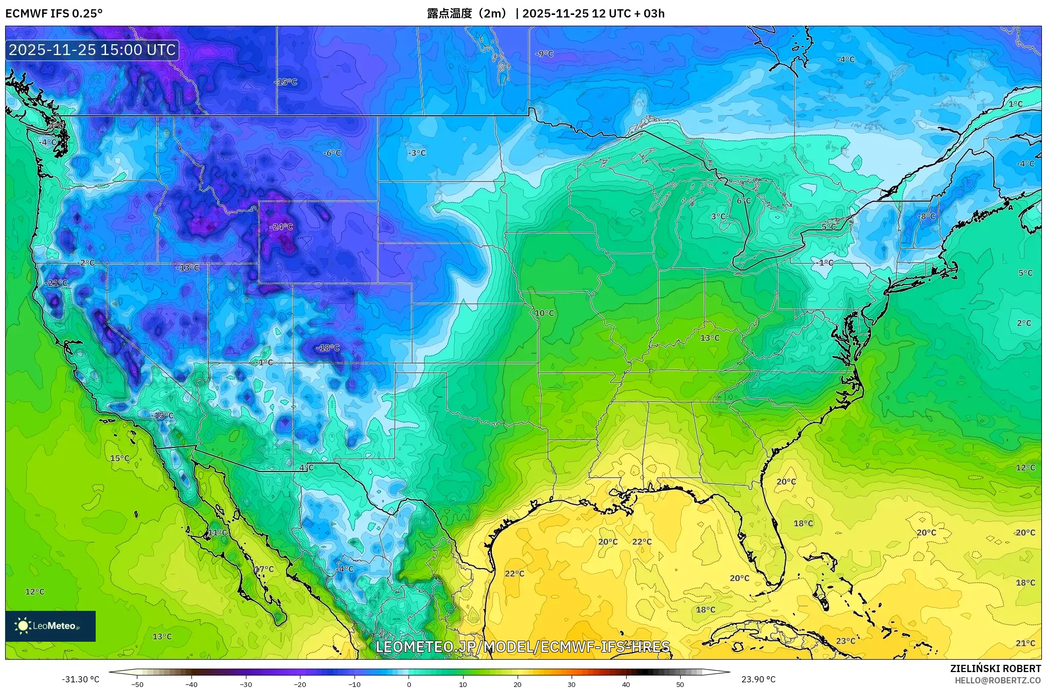 ECMWF IFS 0.25° model - アメリカ合衆国, 露点温度（2m）