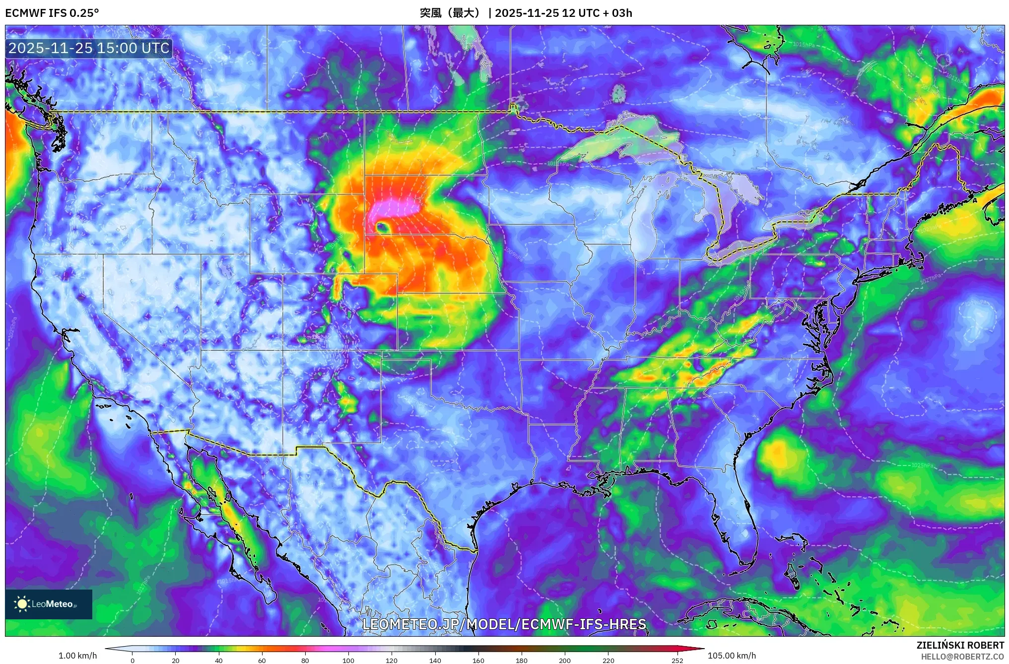 ECMWF IFS 0.25° model - アメリカ合衆国, 突風（最大）