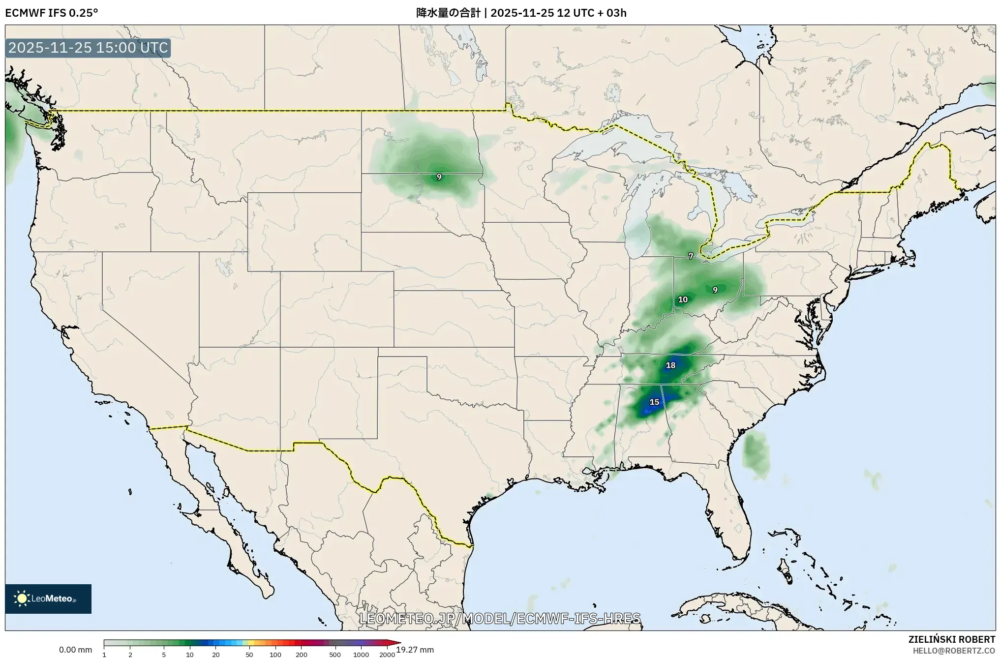 ECMWF IFS 0.25° model - アメリカ合衆国, 降水量の合計