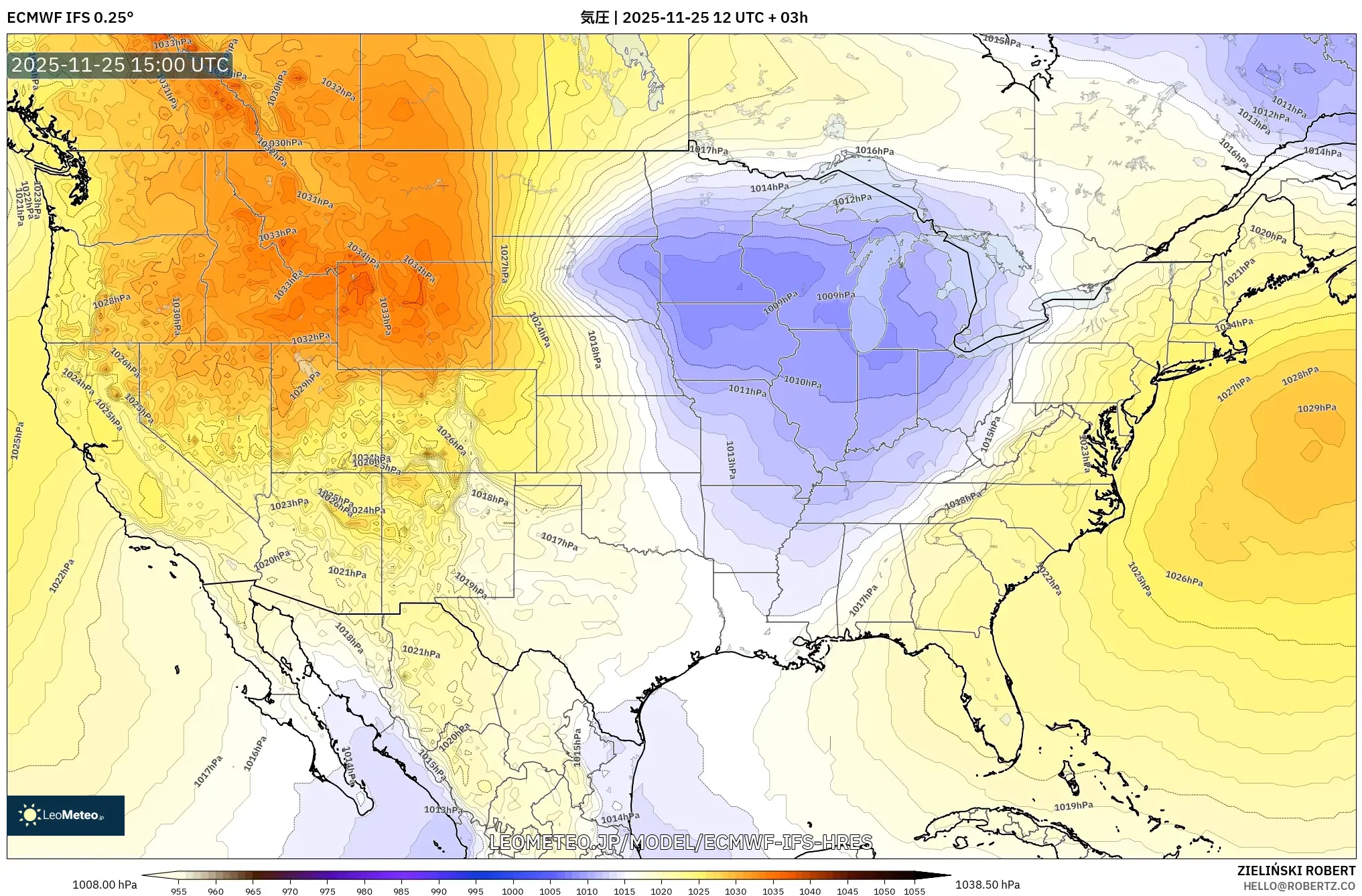 ECMWF IFS 0.25° model - アメリカ合衆国, 気圧
