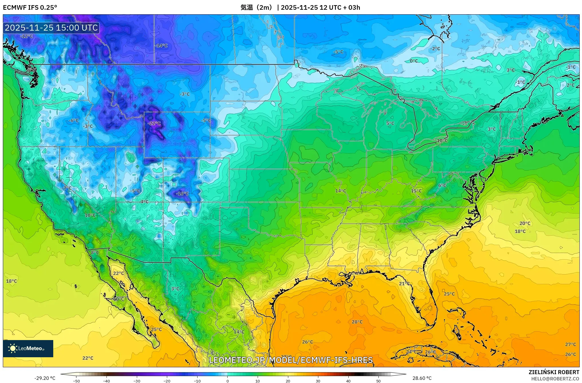 ECMWF IFS 0.25° model - アメリカ合衆国, 気温（2m）