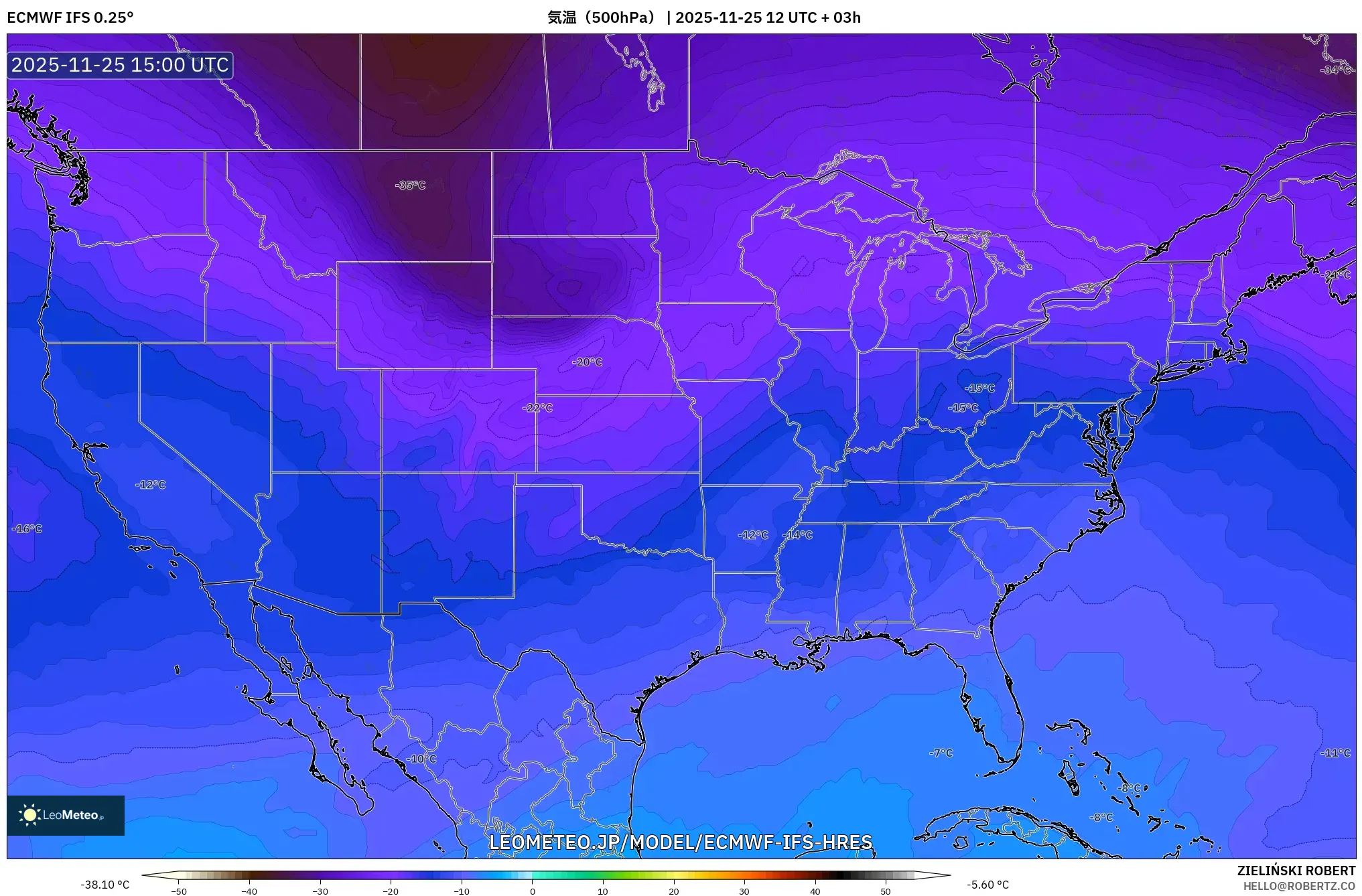 ECMWF IFS 0.25° model - アメリカ合衆国, 気温（500hPa）