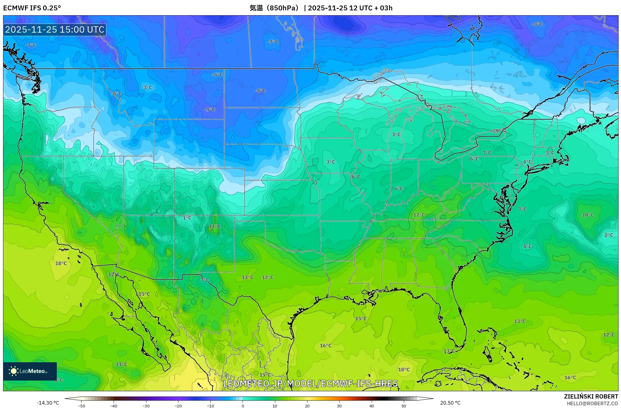 ECMWF IFS 0.25° model - アメリカ合衆国, 気温（850hPa）
