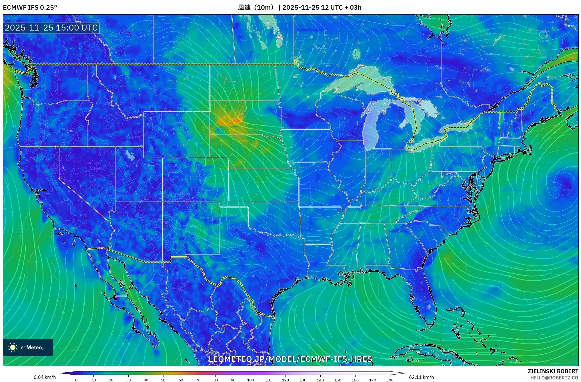 ECMWF IFS 0.25° model - アメリカ合衆国, 風速（10m）