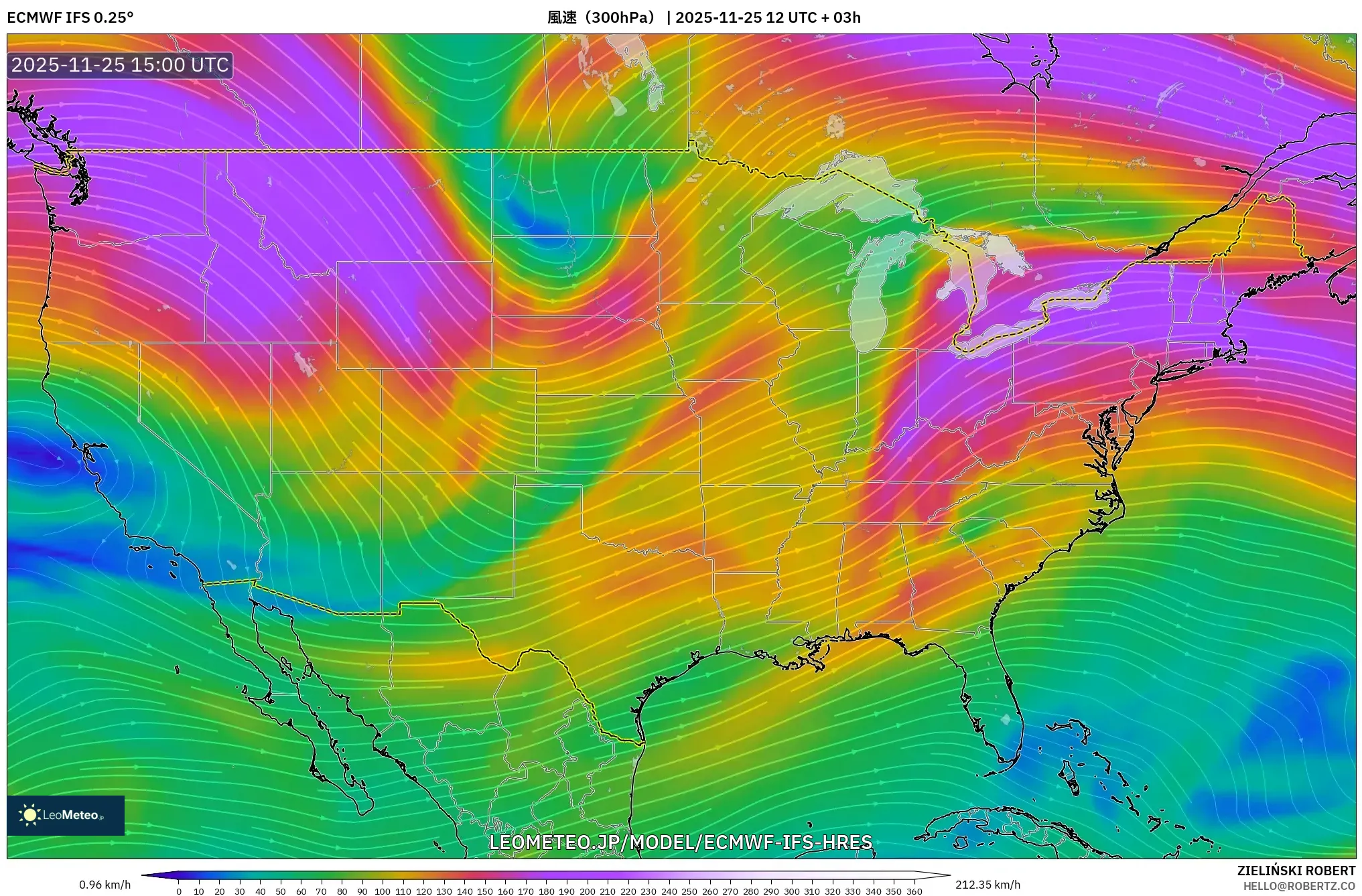 ECMWF IFS 0.25° model - アメリカ合衆国, 風速（300hPa）
