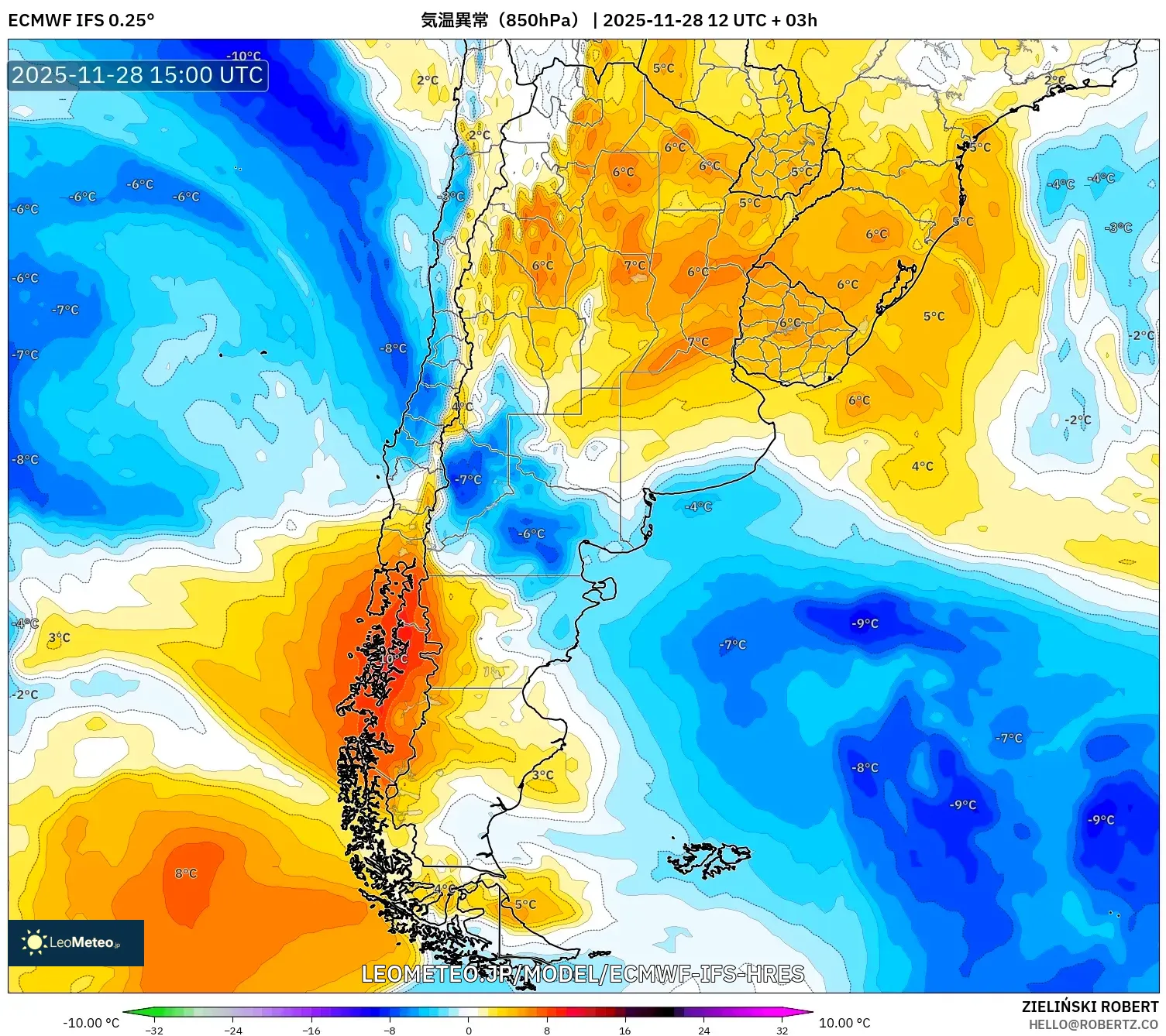 ECMWF IFS 0.25° model - アルゼンチン, 気温異常（850hPa）