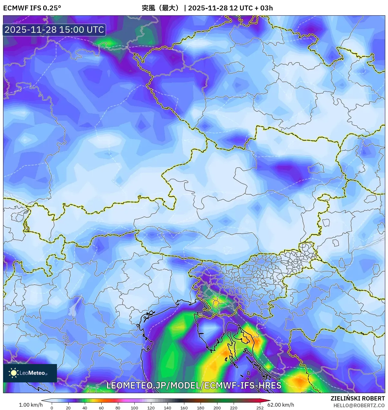 ECMWF IFS 0.25° model - オーストリア, 突風（最大）