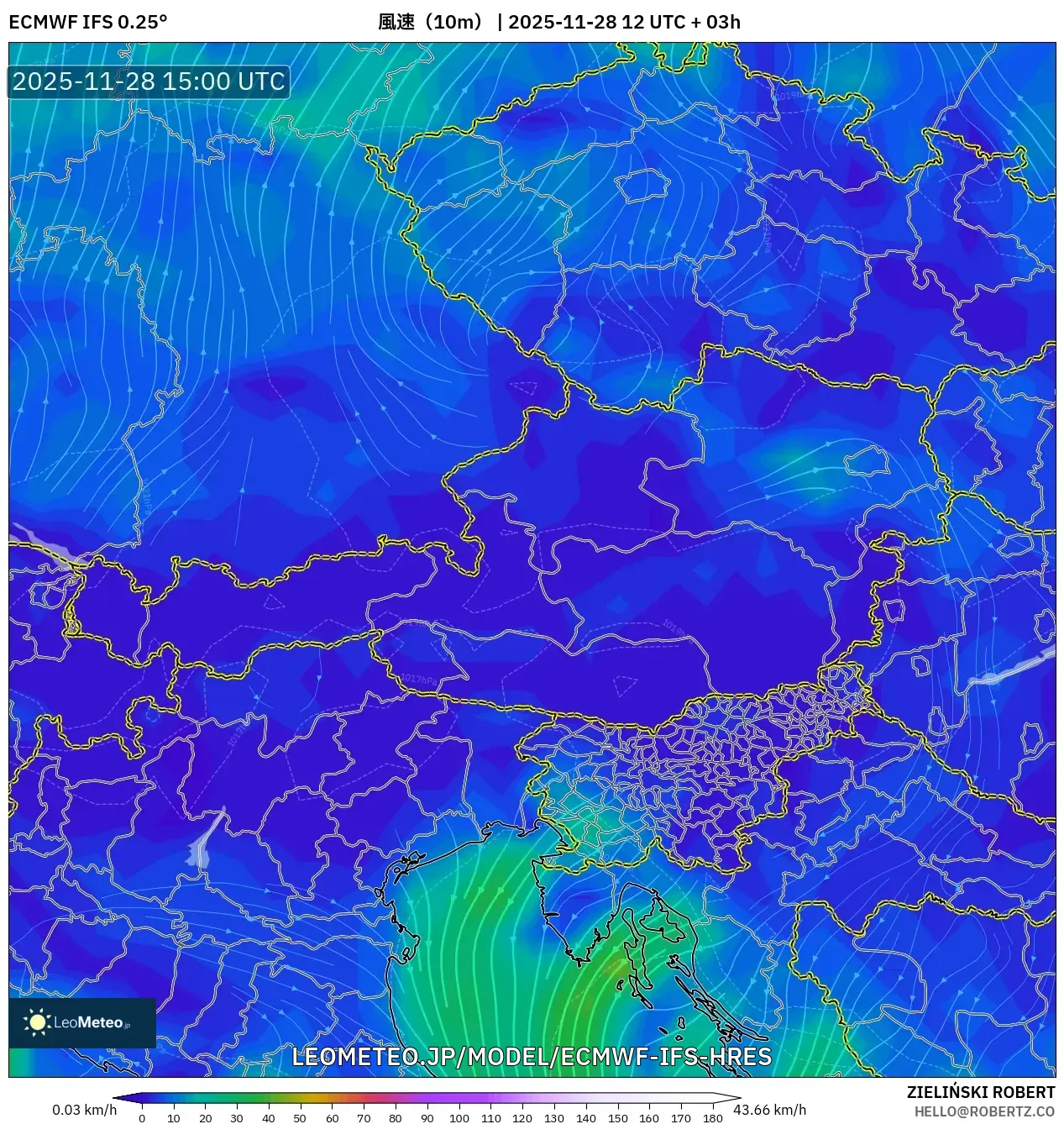 ECMWF IFS 0.25° model - オーストリア, 風速（10m）
