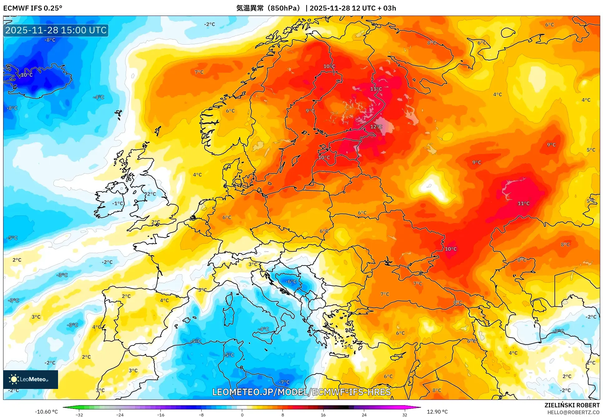 ECMWF IFS 0.25° model - ヨーロッパ, 気温異常（850hPa）
