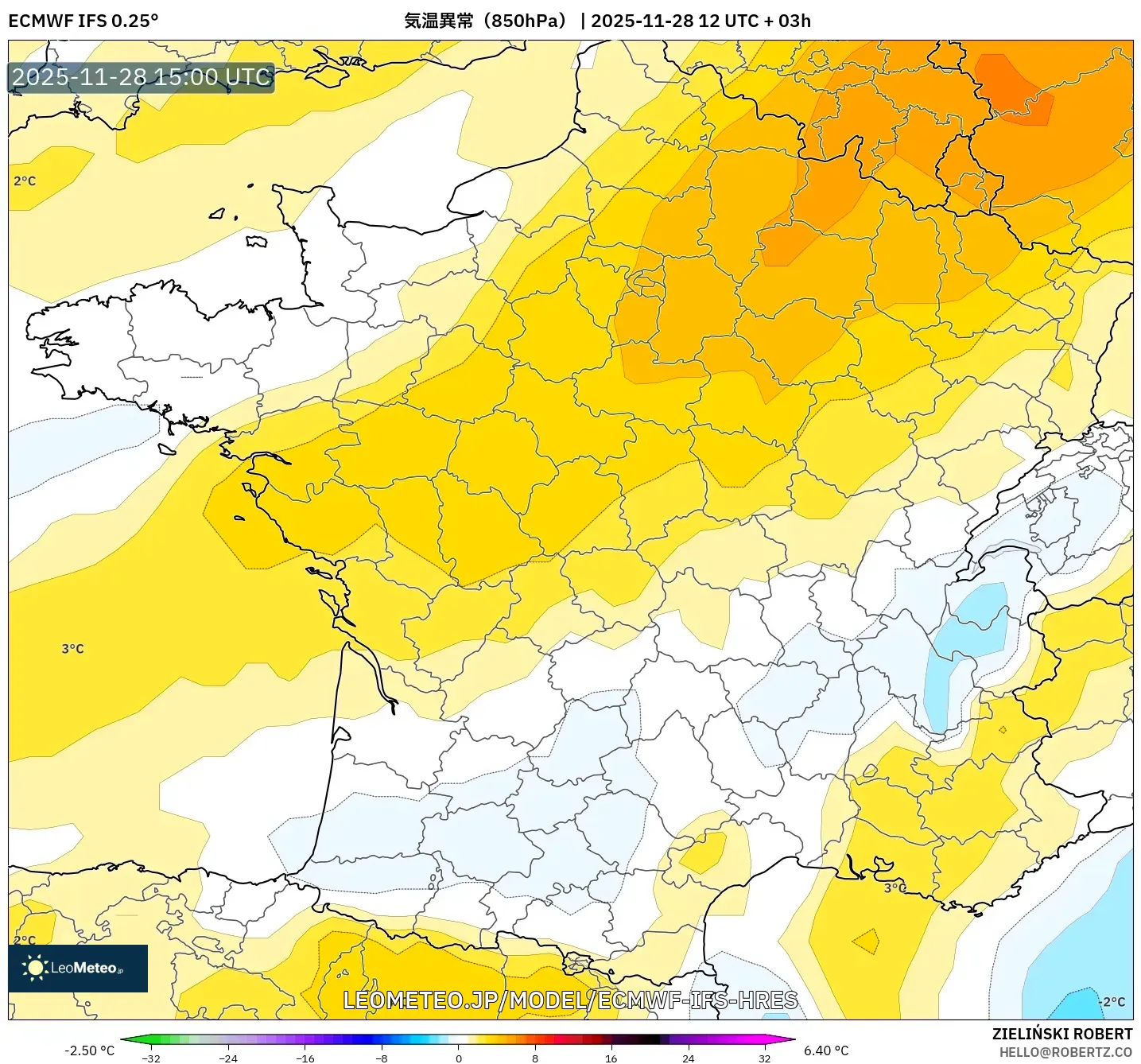 ECMWF IFS 0.25° model - フランス, 気温異常（850hPa）